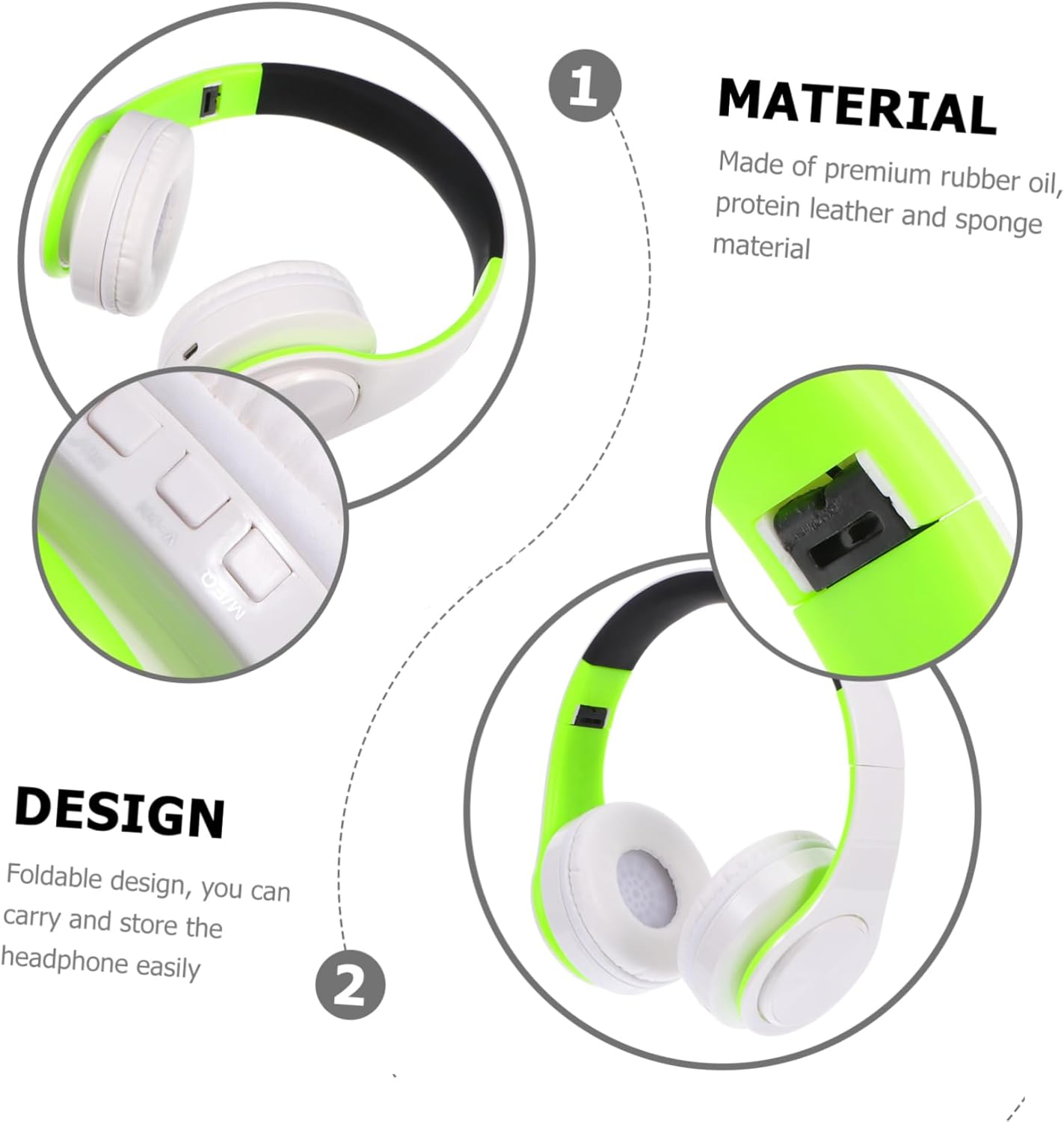 Holibanna Wireless Foldable Headset Over-Ear Stereo Headphone Adjustable Design Noise Reduction for Sports and Travel, Green and White image number 2