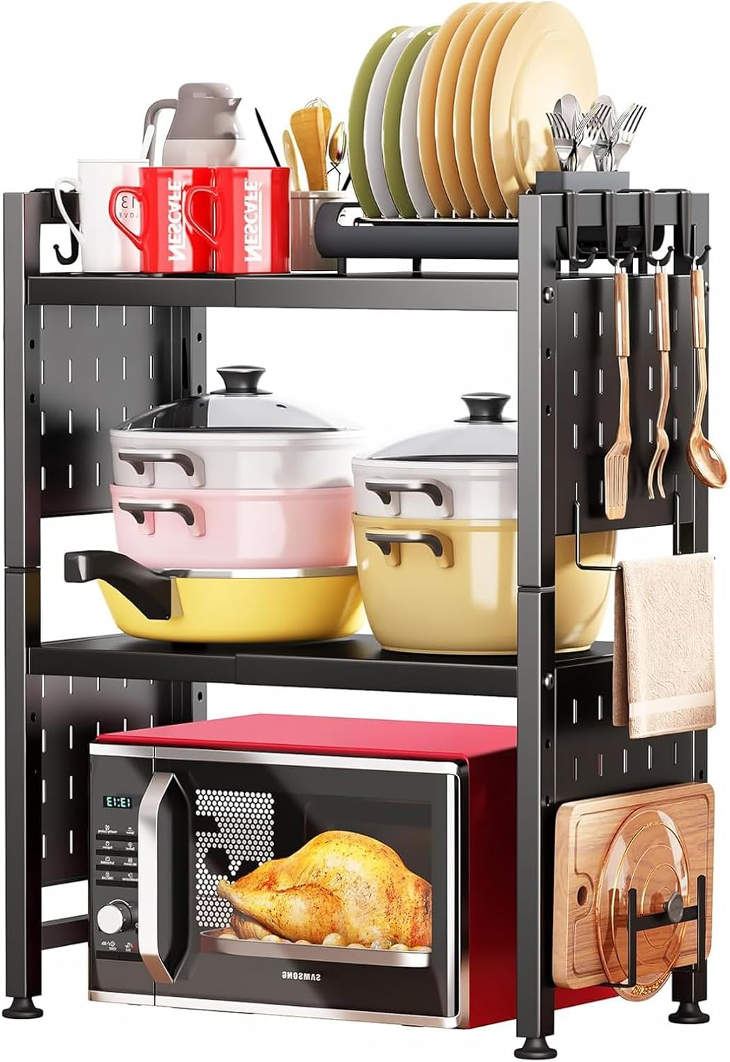 3-Tier Microwave Oven Rack, Adjustable Microwave Shelf Organizer with Hooks, Metal Kitchen Countertop Microwave Storage Expandable Stand, Black image number 4