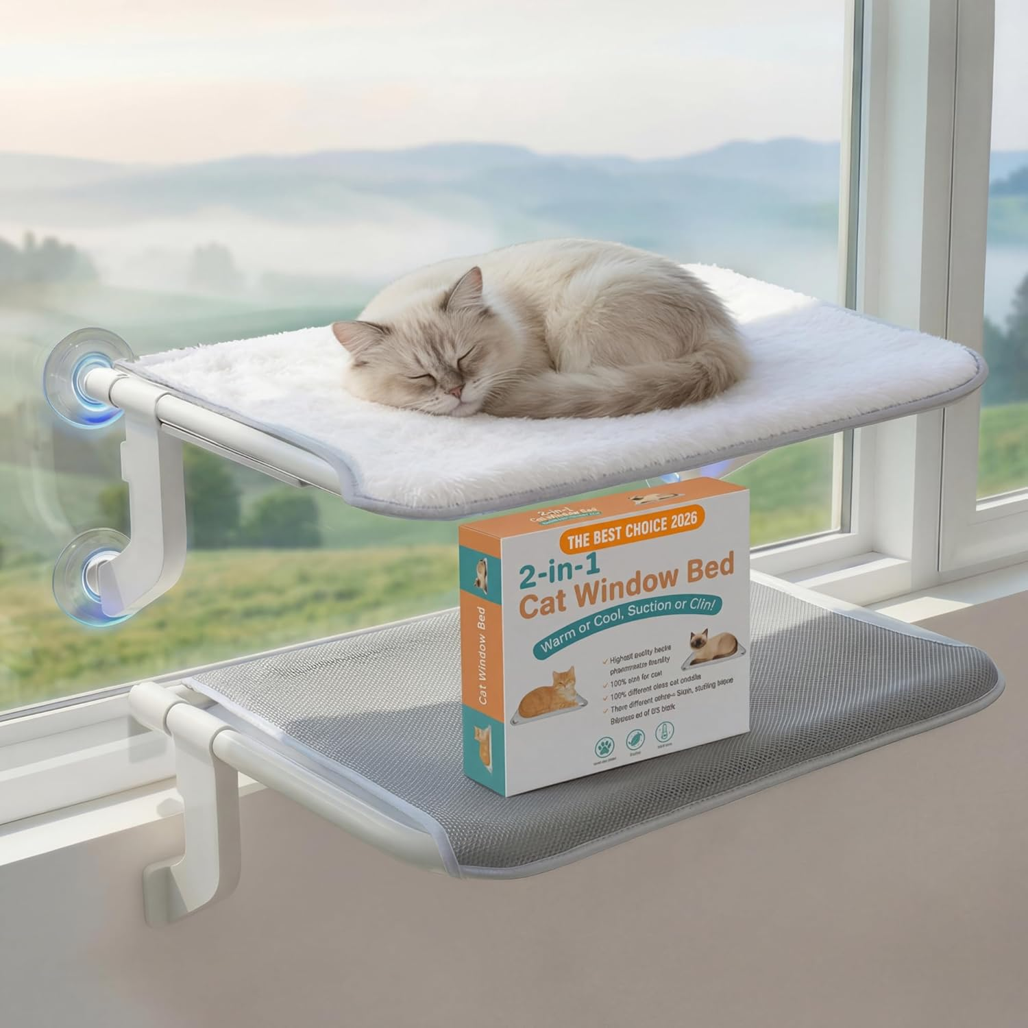 Cat Window Perch with 4 Suction Cups & Hooks, 2-In-1 Hammock Bed for Cats &ndash; Sliding Clamp Adjustment, Washable Dual-Sided Pad, No-Scratch Rustproof Tube, Holds 15KG (Fits Windowsill/Bedside) image number 5