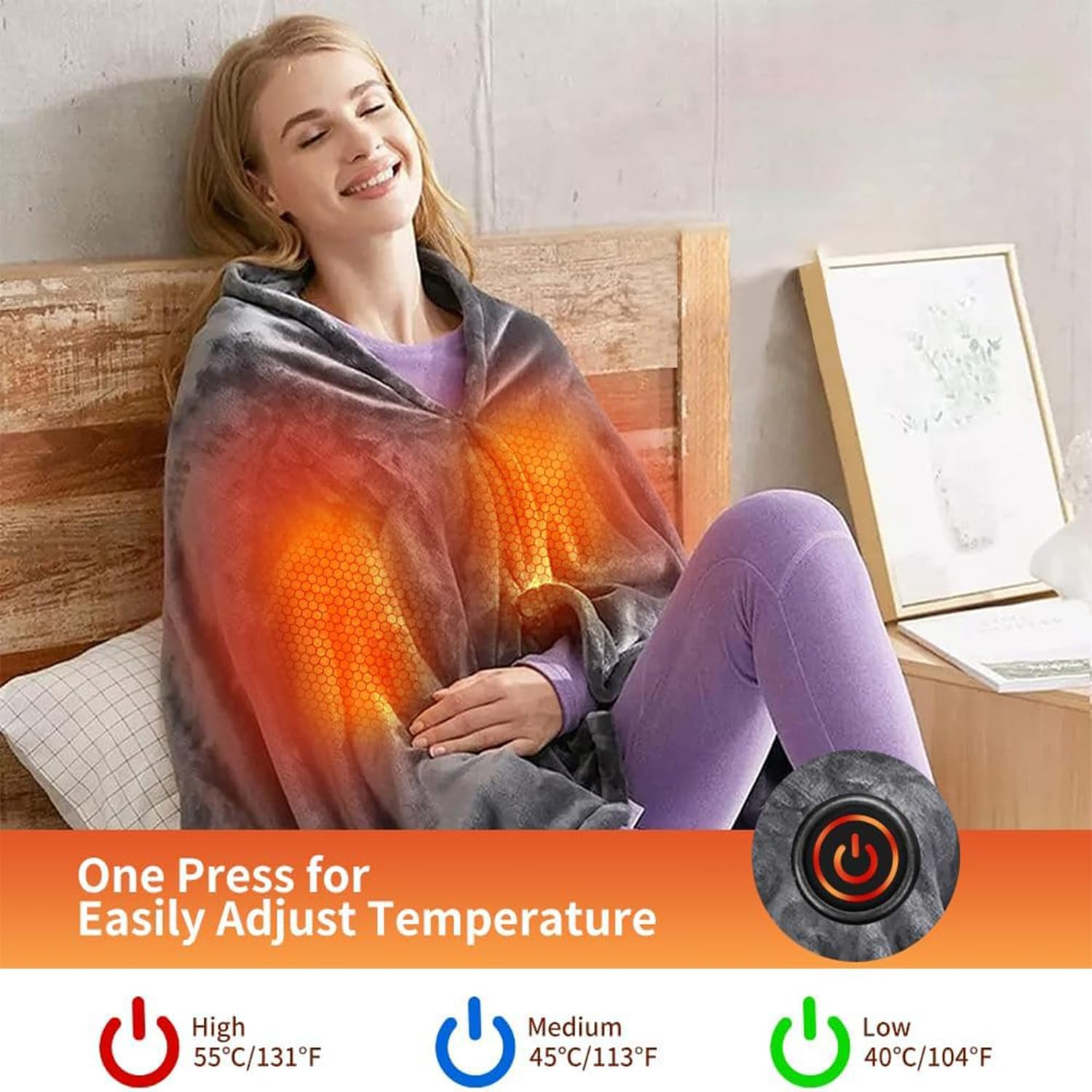 Quintin Portable USB Heated Blanket Shawl - Wearable Cordless Electric Heated Blanket for Outdoors 3 Heating Levels, USB Operated Camping Heated Blanket (Grey) image number 3