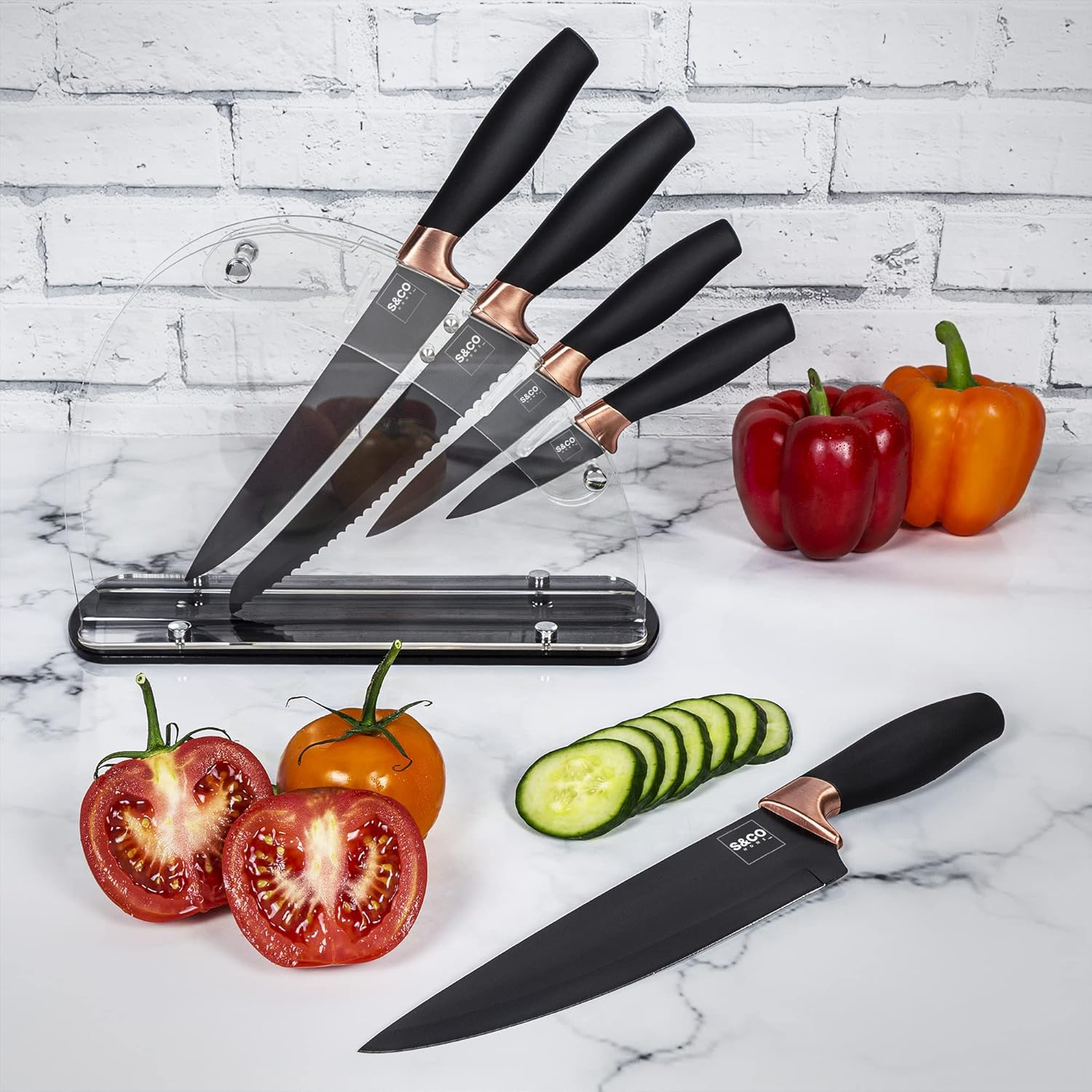 S & Co. 6 Pcs Kitchen Knife Set with Acrylic Block - Super-Sharp Steel Knives with Non-Stick Coating - Chef, Bread, Carving, Utility, Paring Knives - Stylish Cooking Tools with Black, Rose Gold Handle image number 1