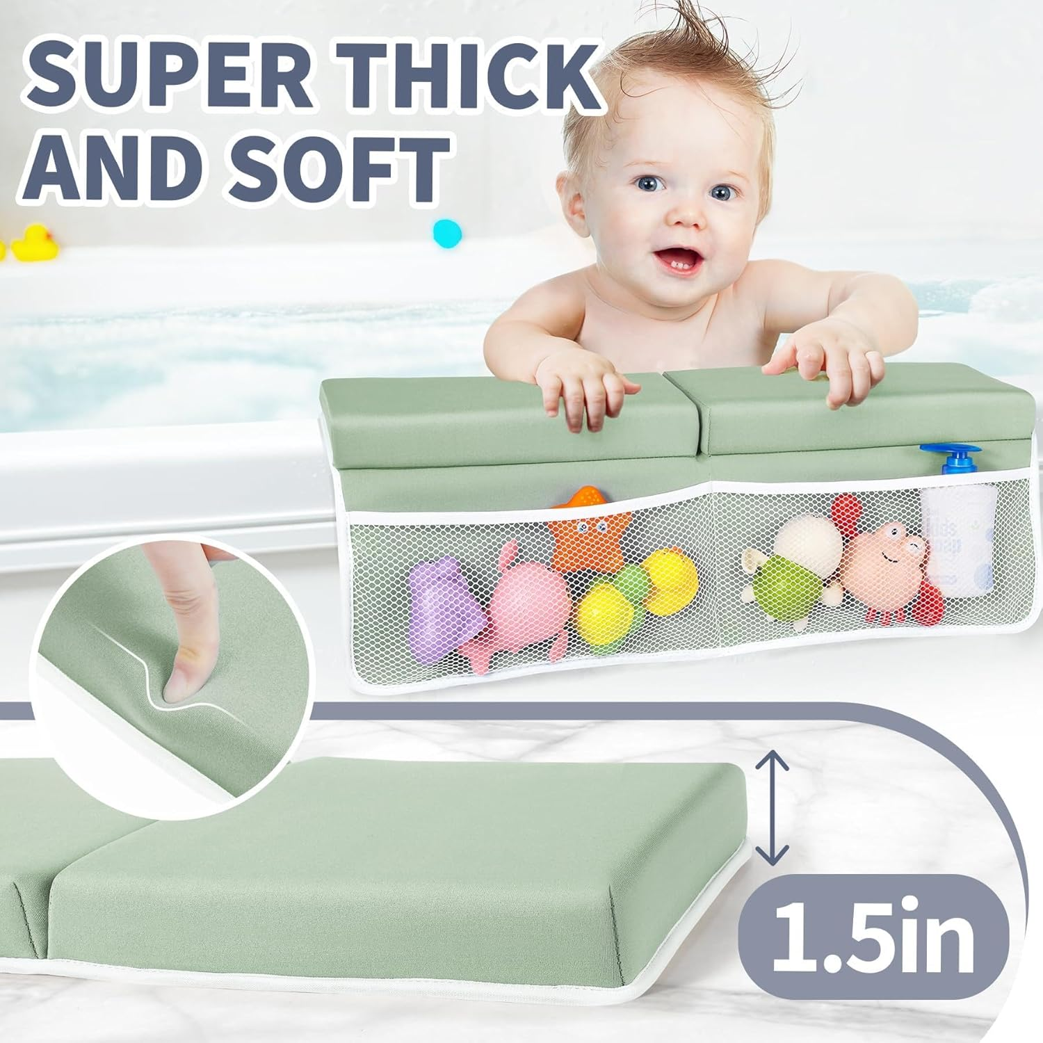 Bath Kneeler and Elbow Rest Pad Set, 3.8Cm Thick Baby Bath Kneeler Pads with Toys Organizer, Anti-Slip Cozy Knee & Arm Support Bathtub Mat, Quick Dry Kneeling Pad for Baby Bath Time image number 3