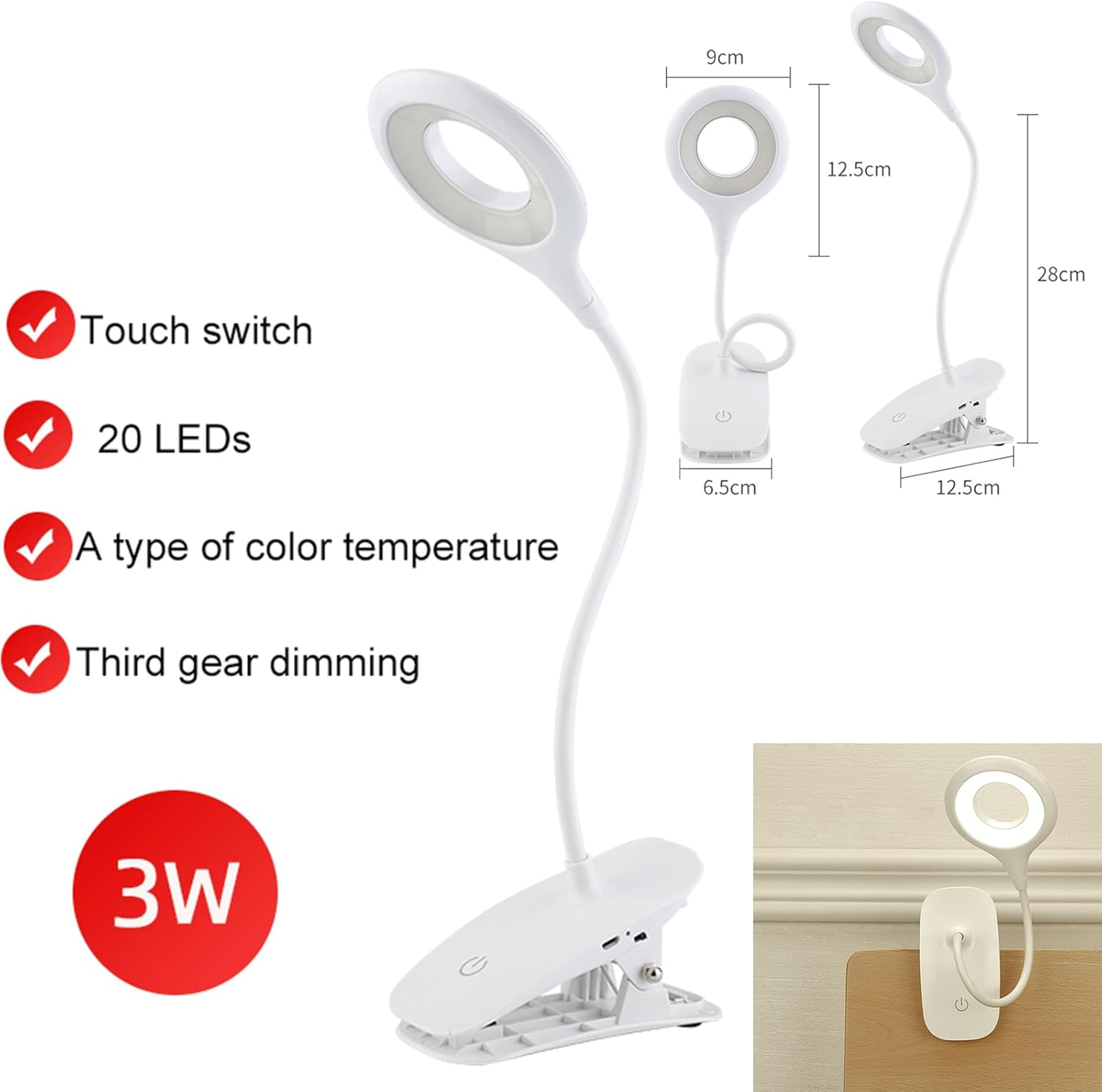LED Clamp Lights, 40 Cm Clamp Lamp, 20 Leds Reading Lamp, Bed Clamp, Dimmable with 3 Brightness Levels, 360&deg; Flexible USB Reading Light, Children'S Bed Lamp, Clamp Lamp, Desk Lamp for Office, Home Use image number 6