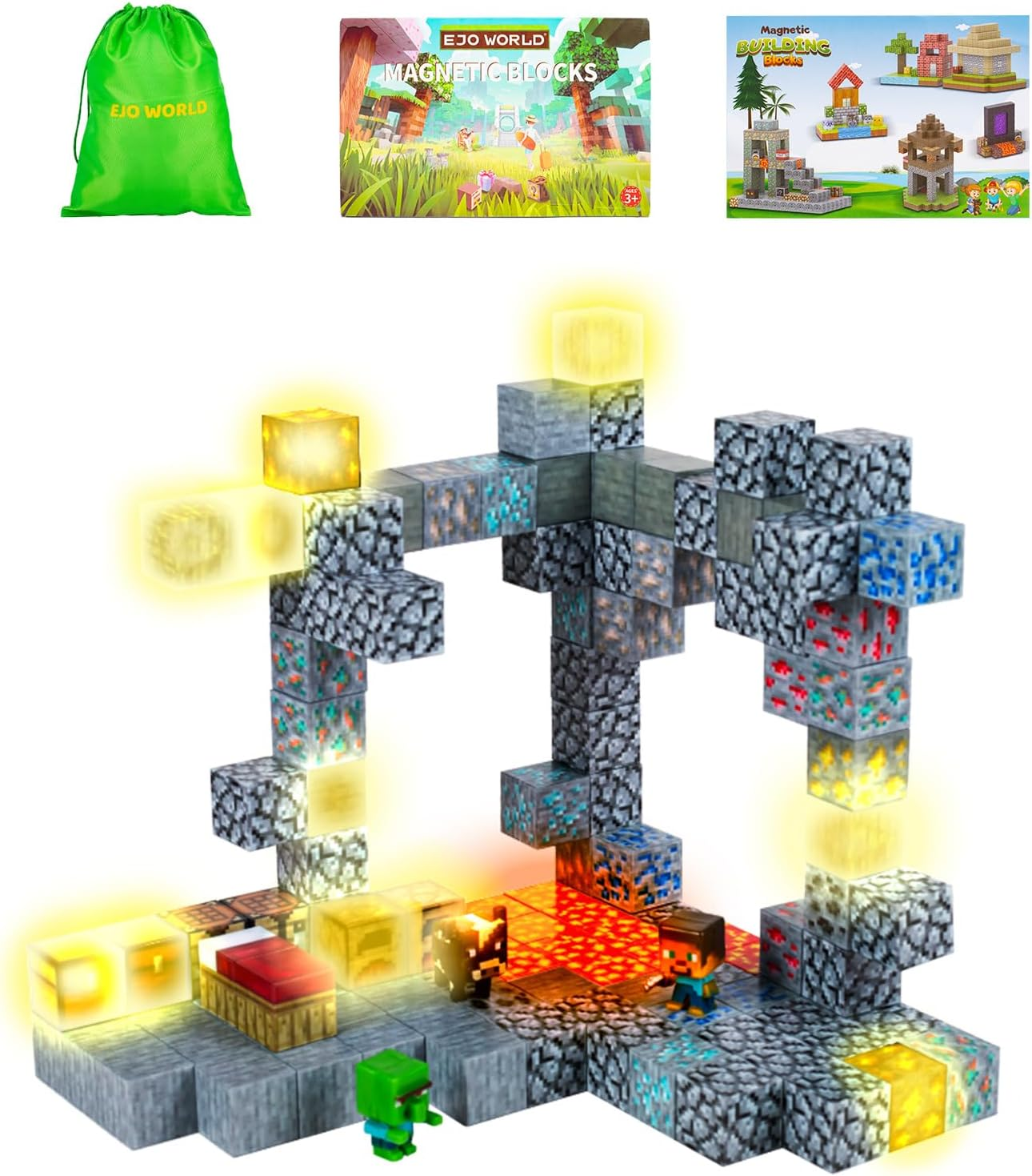 Ejo World 128-Piece LED Magnetic Building Blocks &ndash; Lava & Volcano Adventure Set with 18 Light-Up Pieces, Sensory STEM Learning Magnet Toys for Boys & Girls Ages 3+, Creative Construction Kit image number 3