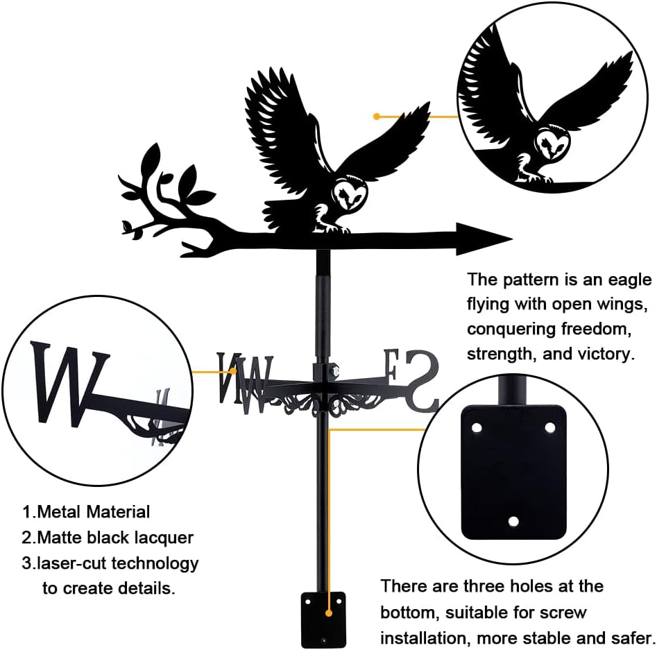 SUPERDANT Owl Weather Vane Owl on Branch Weathervanes Black Metal Wind Vanes Animal Weather Vanes Weathervane Garden Ornament for Farmhouse Garden Outdoor Yard Roof Shed Paddock Decoration image number 1