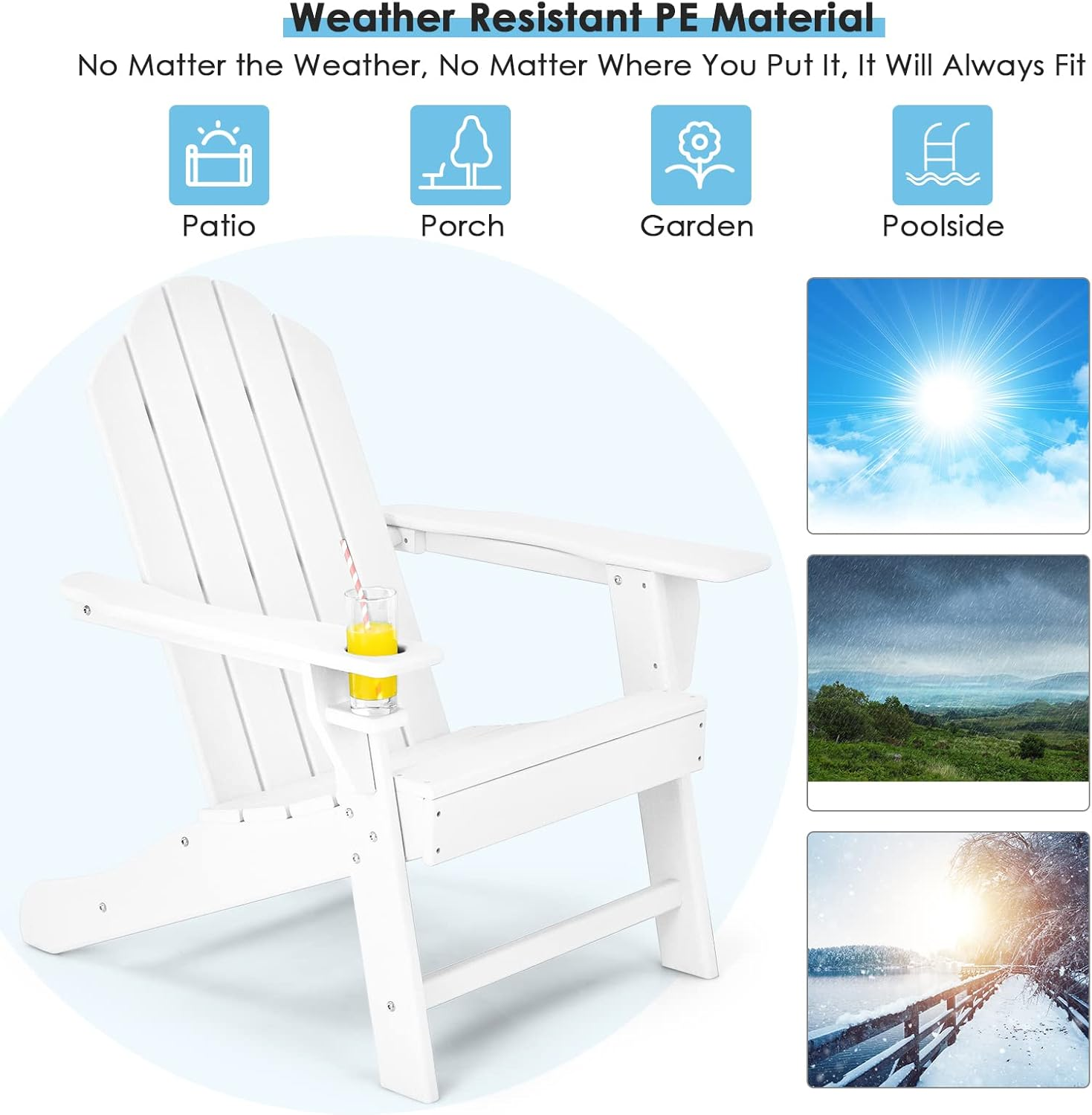 Costway Adirondack Chair with Cup Holder, Outdoor Patio Weather Resistant Adirondack Chair, Fire Pit Chair for Porch, Garden, Poolside and Beach (White) - Navy Blue image number 6