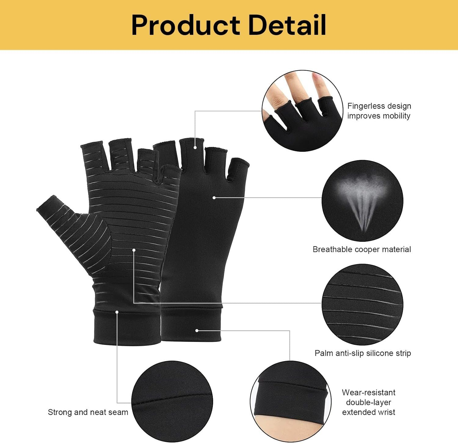 EZONEDEAL Compression Gloves, Copper Arthritis Gloves Can Relieve Joint Pain, Carpel Tunnel, Rheumatoid Arthritis, Swelling and Fatigue Symptoms, Hand Brace Support for Women and Men
