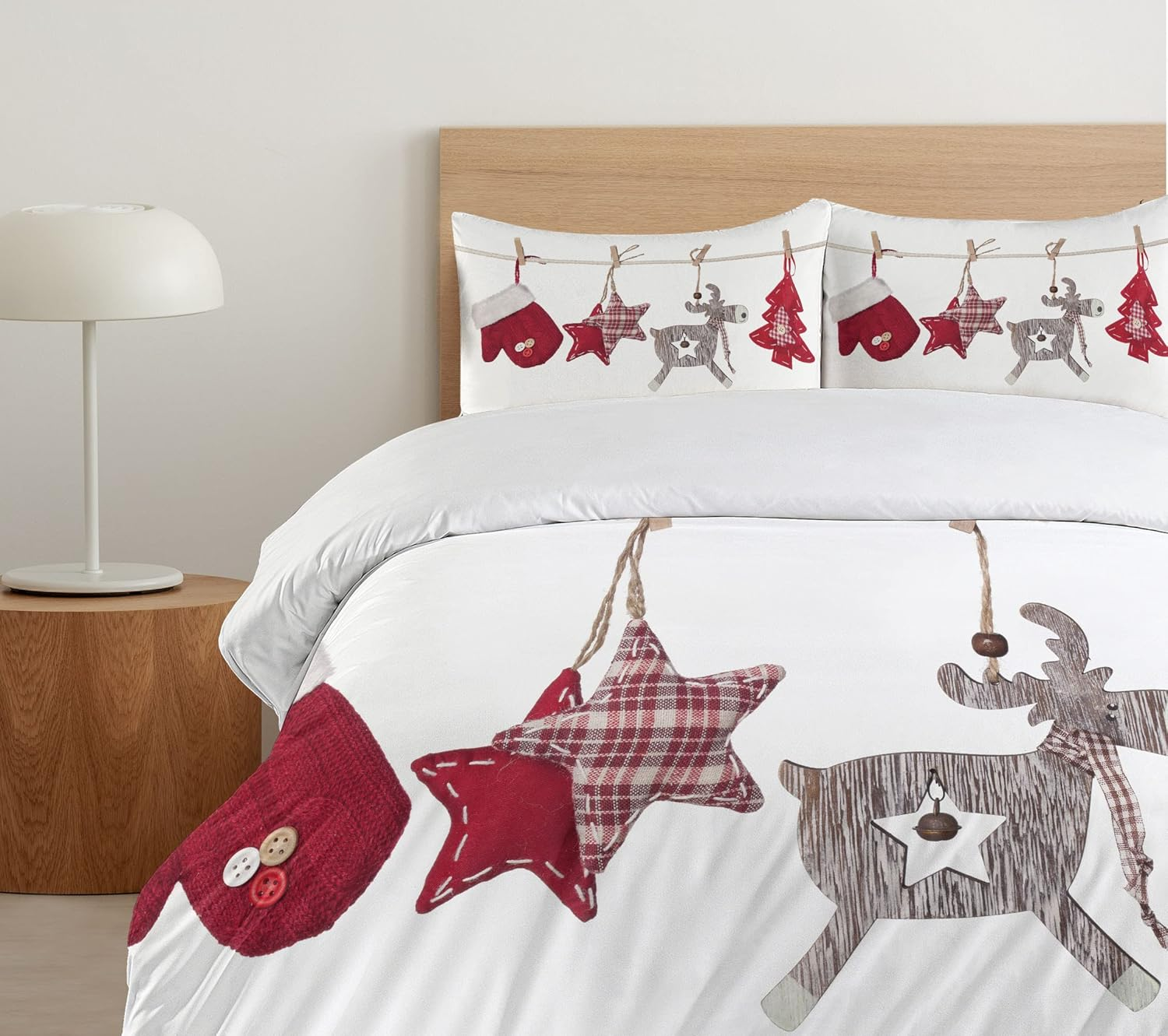 Ambesonne Christmas Duvet Cover Set, Traditional Xmas Celebration Items Hanging from Clothespins Retro, Decorative 3 Piece Bedding Set with 2 Pillow Shams, Queen Size, Red Cream Tan image number 4