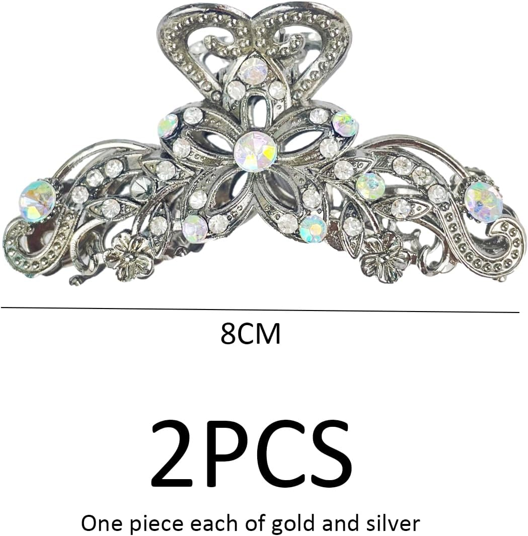 2 Pieces Vintage Shiny Rhinestone Hair Clips for Women Retro Style Non-Slip Fashion Accessories for Girls and Women (Gold, Silver) image number 3