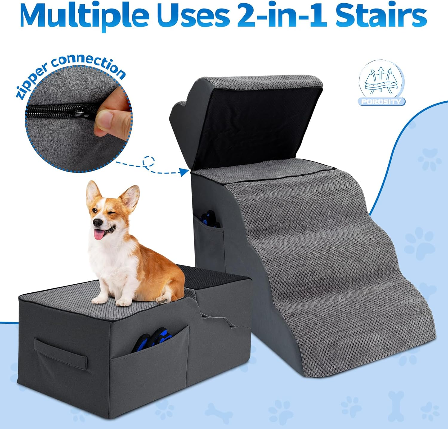 Dog Stairs Ramp Pet Steps 24/35/59Cm Adjustable Height Extra Wide Dog Ramp with Portable Handle Removable Washable Cover Non-Slip Bottom for Small Elderly Short-Legged or Injured Dogs and Cats image number 3