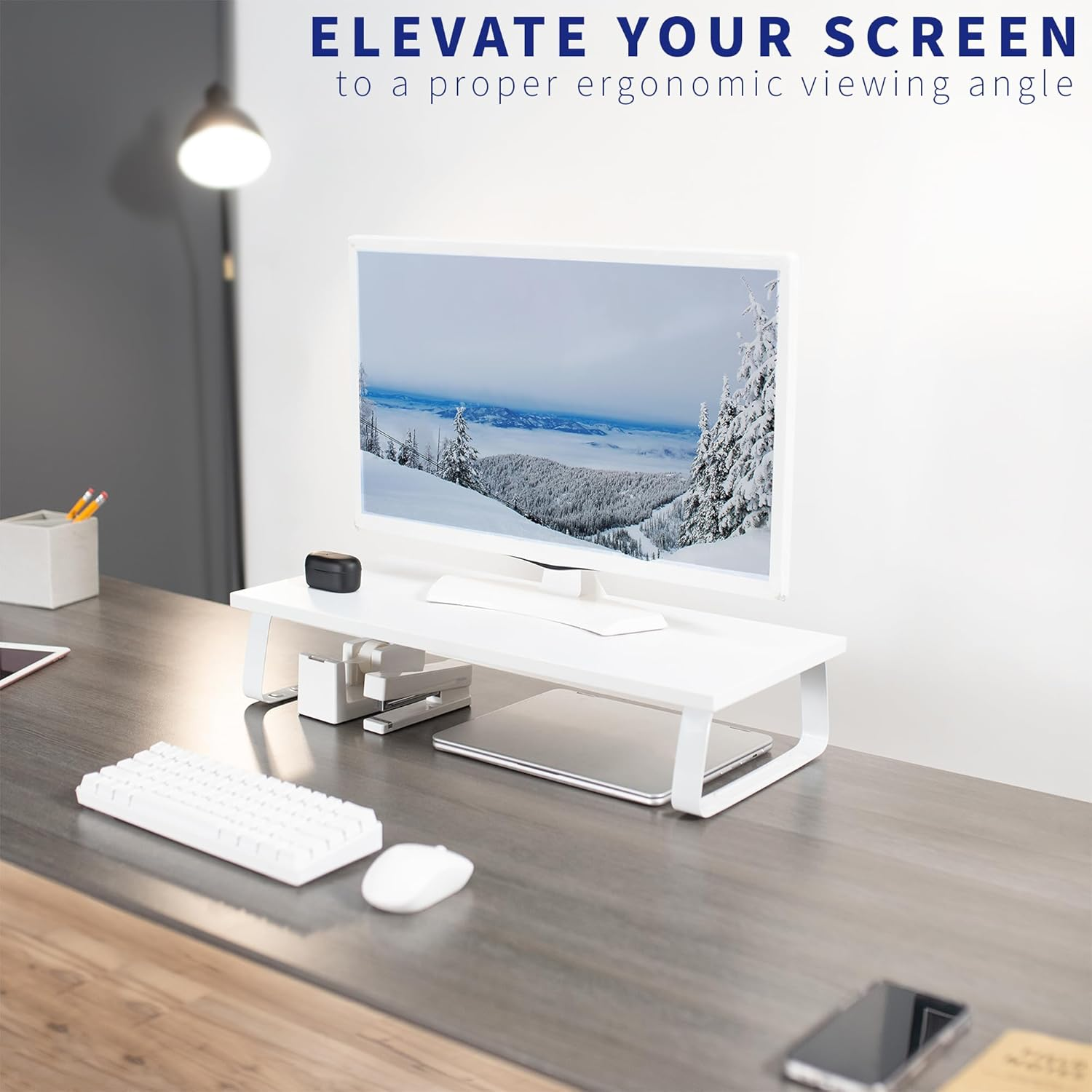 VIVO 24 Inch Monitor Stand, Wood & Steel Desktop Riser, Screen, Keyboard, Laptop, Small TV Ergonomic Desk and Tabletop Organizer, White, STAND-V000D-W
