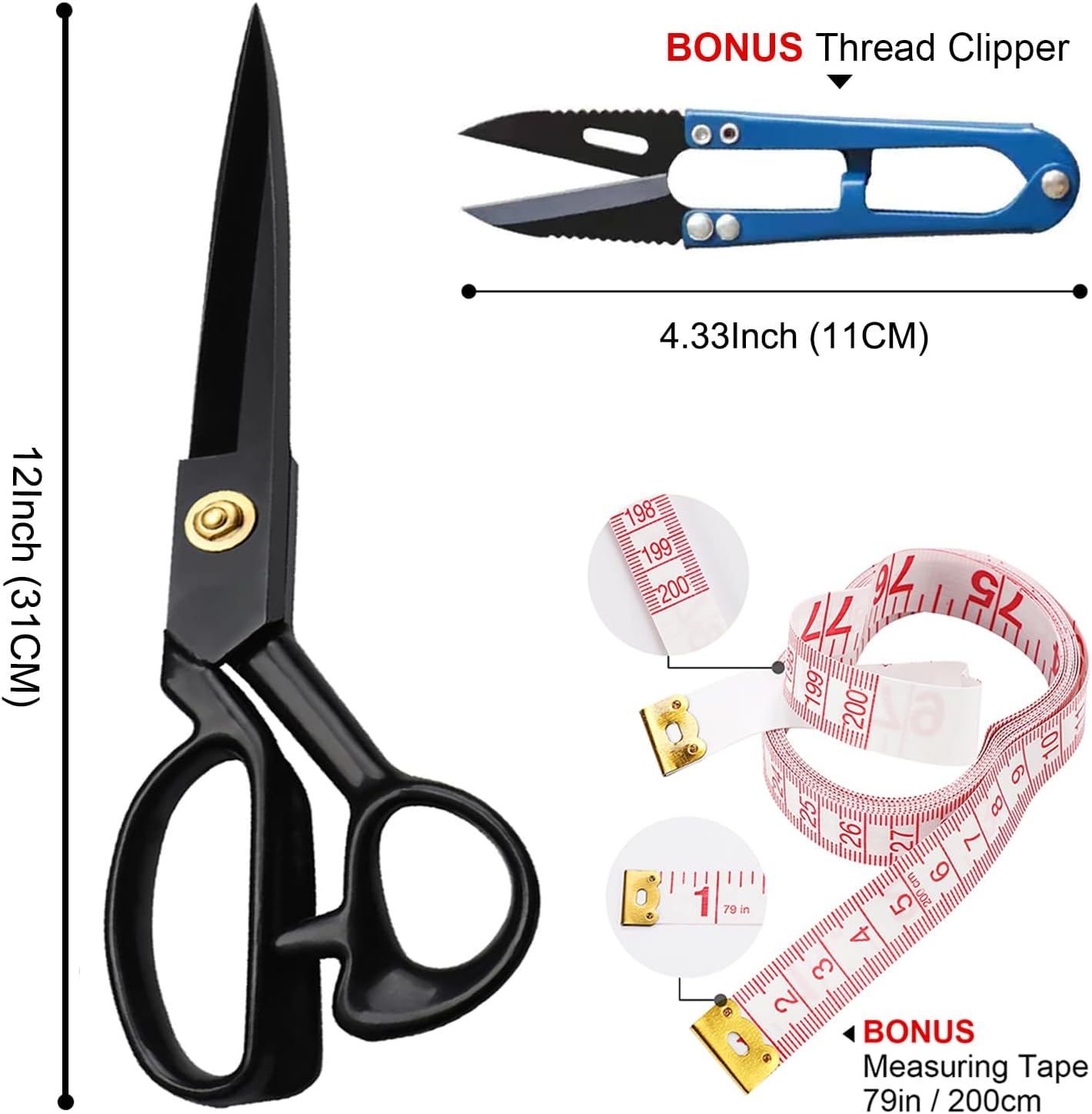 IHKFILAN Sewing Scissors 12 Inch, Fabric Scissors Heavy Duty, Sharp Tailor Scissors for Leather Canvas Denim, Craft Sewing Embroidery, Professional Dressmakers Shears(31Cm) image number 1