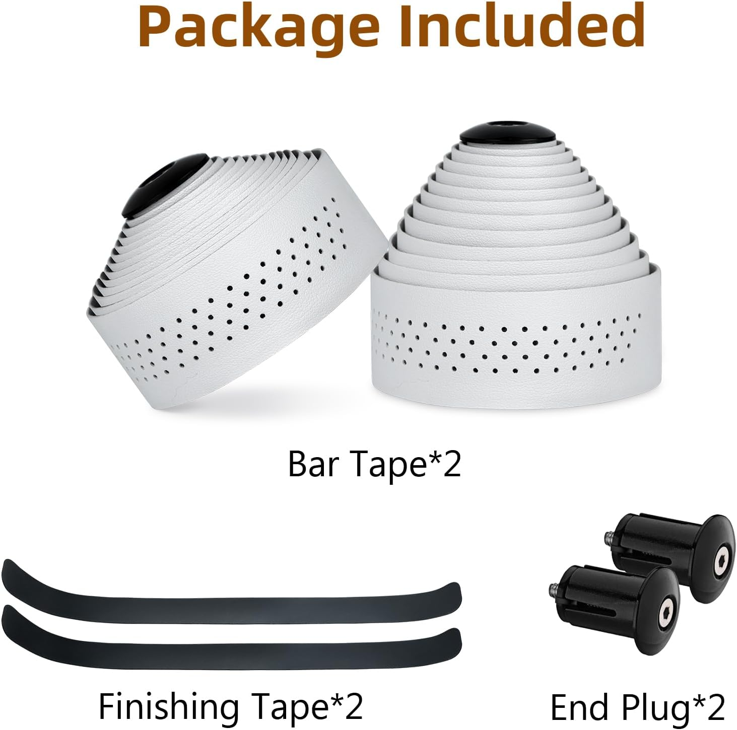 Dosarzo Handlebar Tape, Comfortable Grip Bar Tape for Road Bike, Stable Adhesion Bike Handlebar Tape with White Color - 2 Rolls(Expansion End Plugs) image number 1