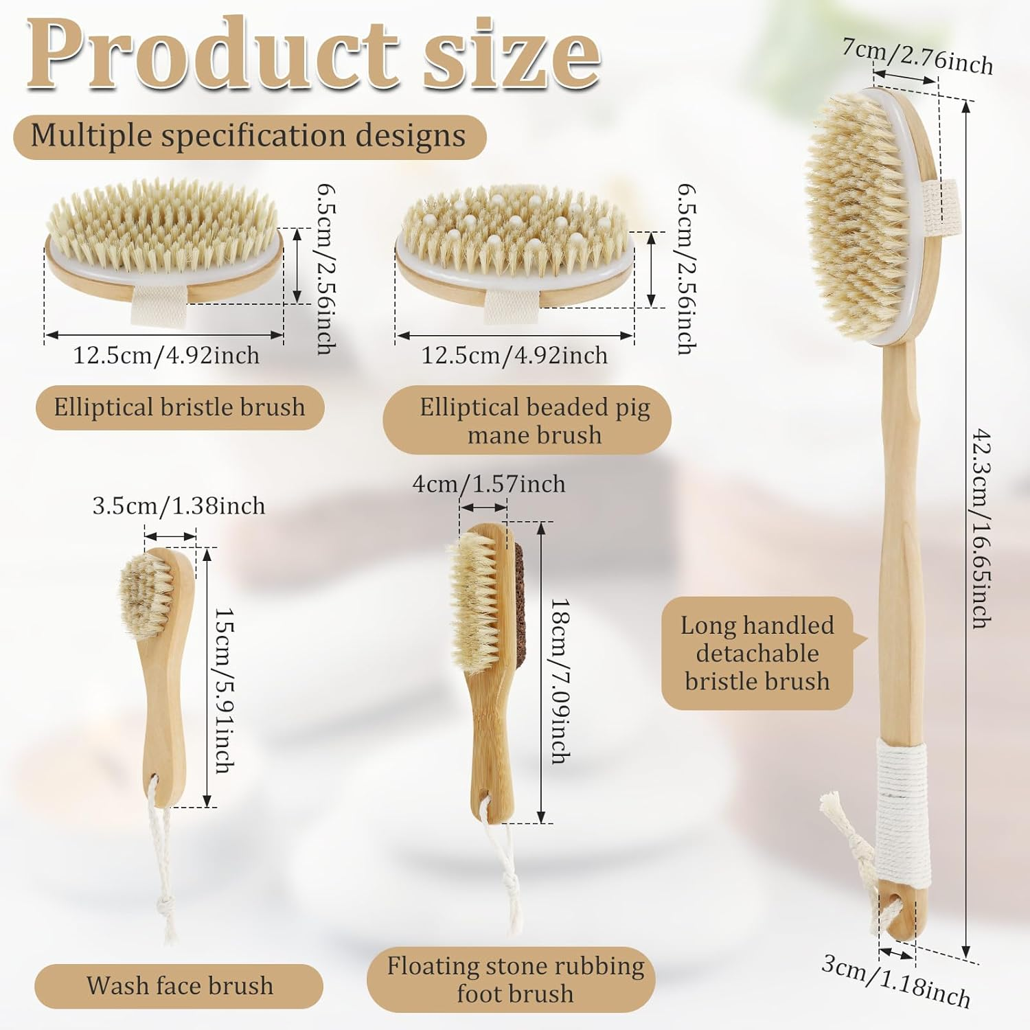 DJAPWPX 5 Pcs Dry Body Brush with Wooden Handle Exfoliating Body Face Foot Cleaning Brush Dead Skin Removal for Back Face Foot image number 3