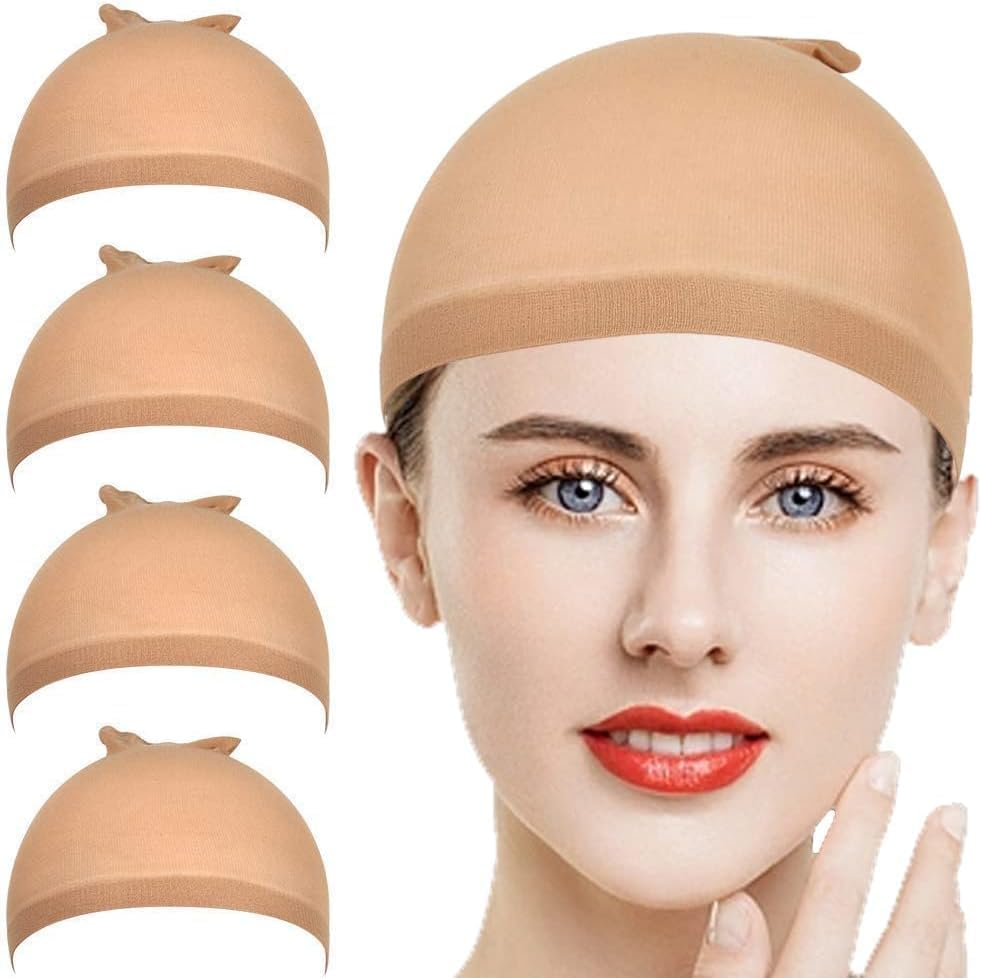 CJESLNA 4 Pcs Stretchy Thin Breathable Wig Caps for Women Stretchable Nylon Stocking, Light Brown (Light Brown)