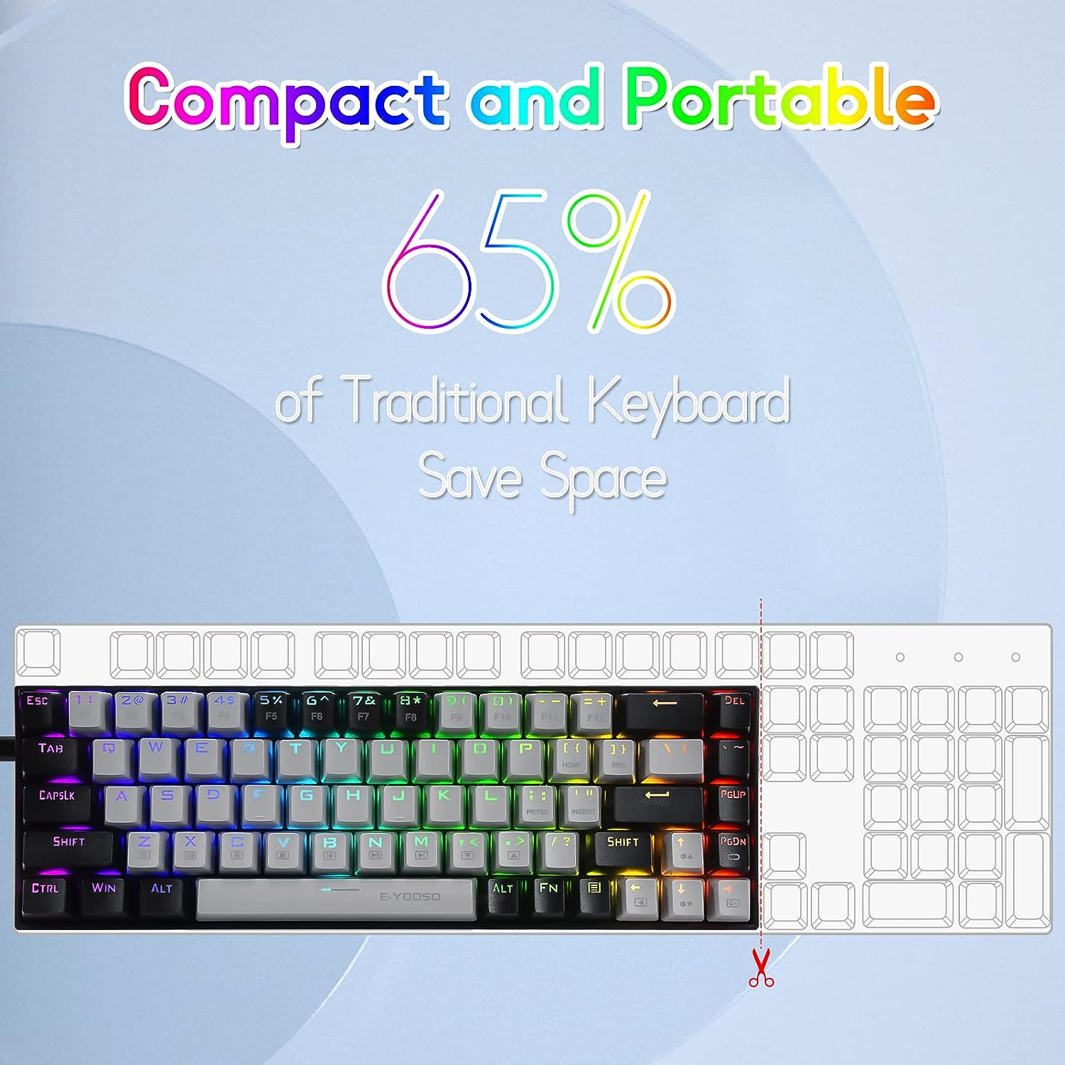 HUO JI 65% RGB Gaming Keyboard, E-YOOSO Z-686 Wired 68 Keys Mechanical Keyboard, Linear Red Switches, Pro Software Supported, Detachable USB-C Cable, Separate Arrow Keys - Grey/Black image number 2