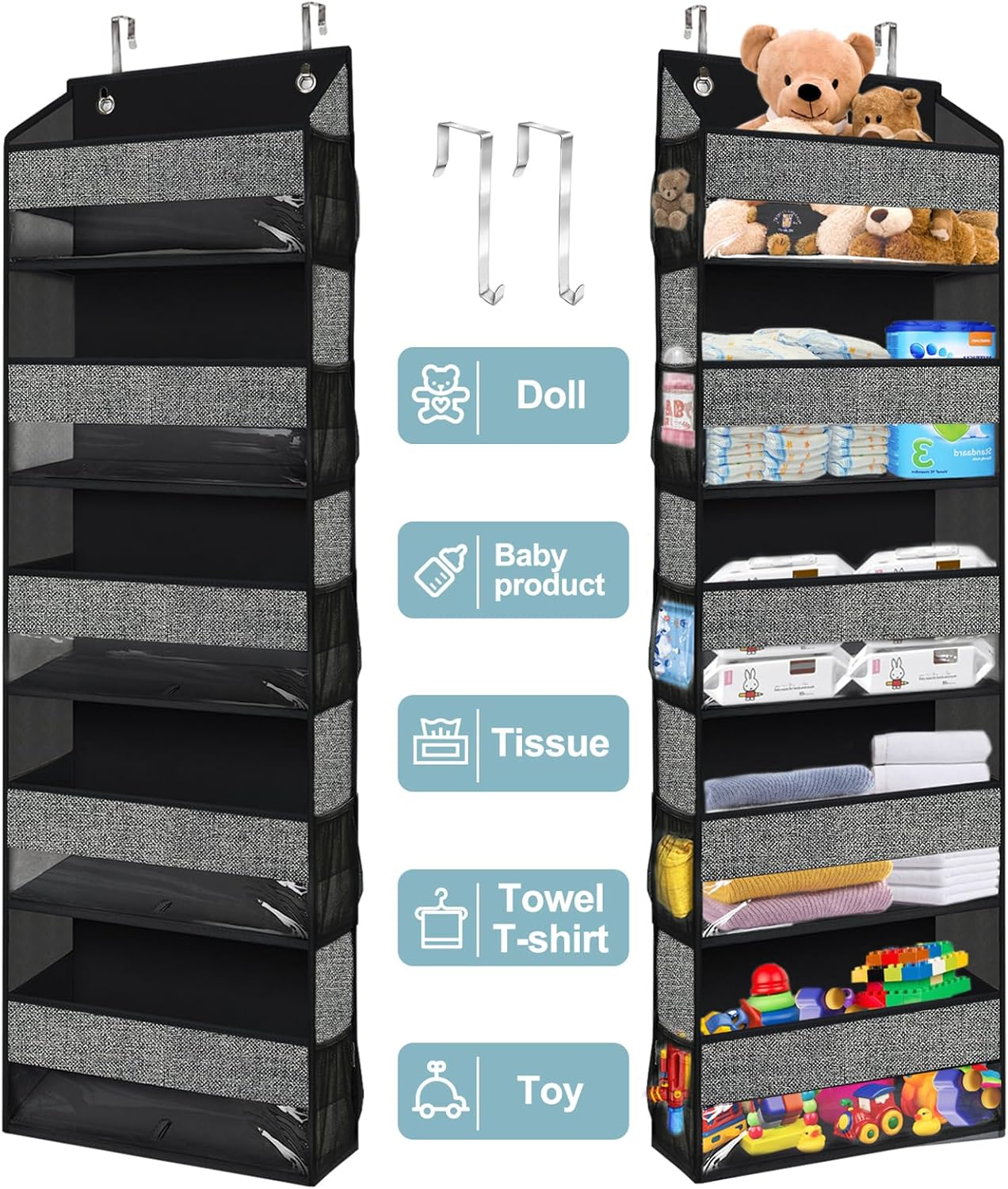 Over Door Organizer with 5 Large Pockets 10 Mesh Side Pockets, 5-Shelf Extra Large and Sturdy Hanging Storage Organizer for Pantry, Nursery (Black) image number 4