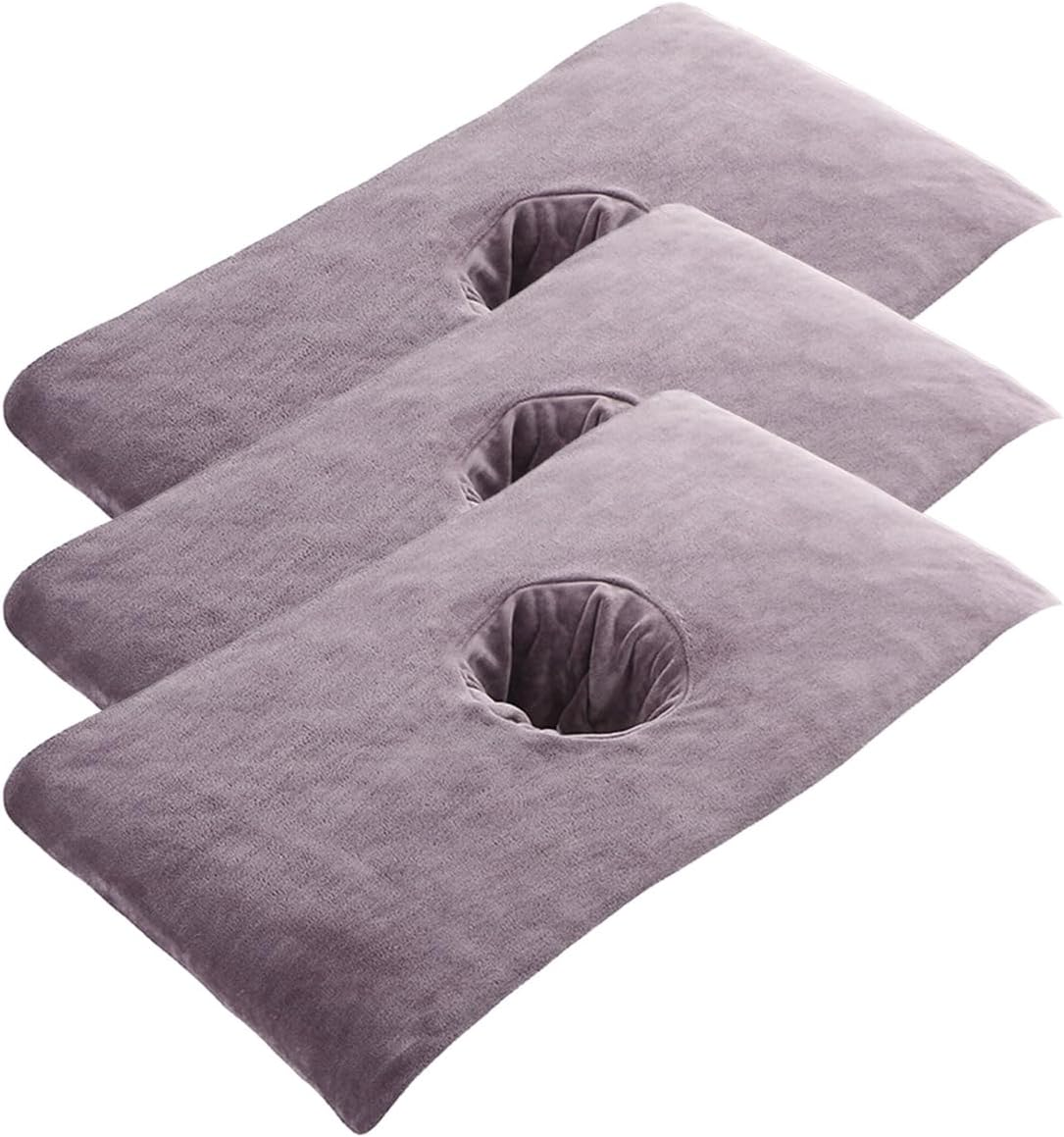AIMALL 3Pcs Microfibre Massage Bed Towels with Face Hole for Beauty Salon Spa, Thickened Absorbent Lying Sheets 15.75In X 31.5In, Soft Fixed Covers in Grey Blue Purple Brown