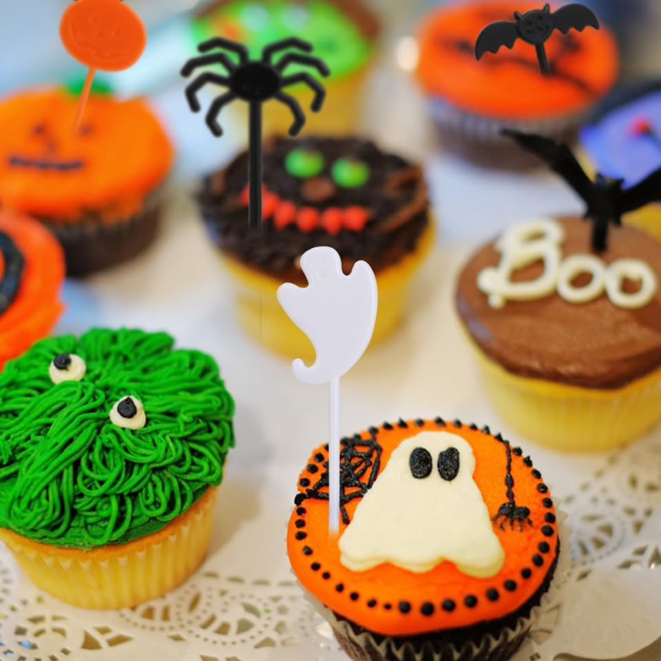 LABRIMP 40Pcs Halloween Cake Toppers Cupcake Decor Party Supplies Pumpkin Bat Cupcake Decorations Kids Adults image number 6
