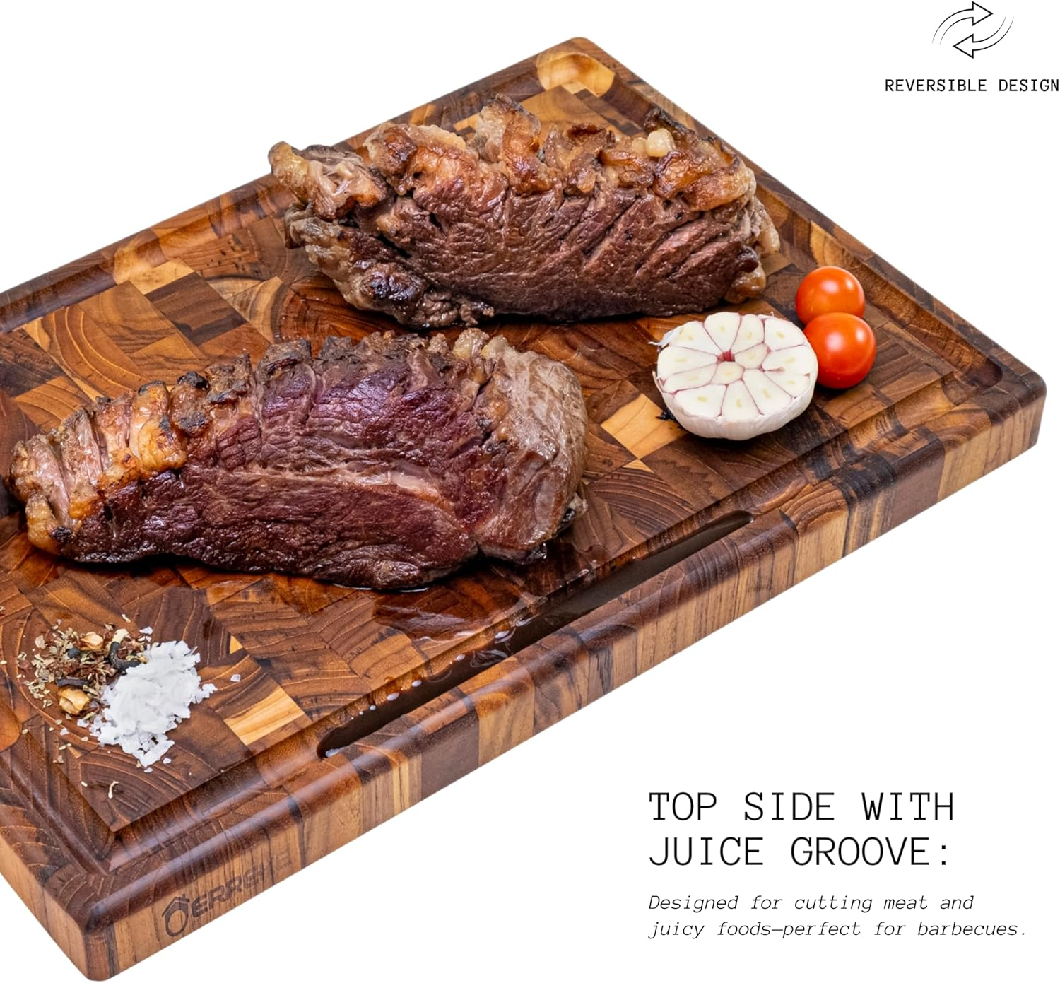 Erreke Teak Wood End Grain Cutting Board (XL, 17.5X12X1.5"), Large and Thick Wooden Cutting Boards for Kitchen with Juice Groove, Comfortable Hand Grip, Reversible Use on Both Sides, High Durability image number 6