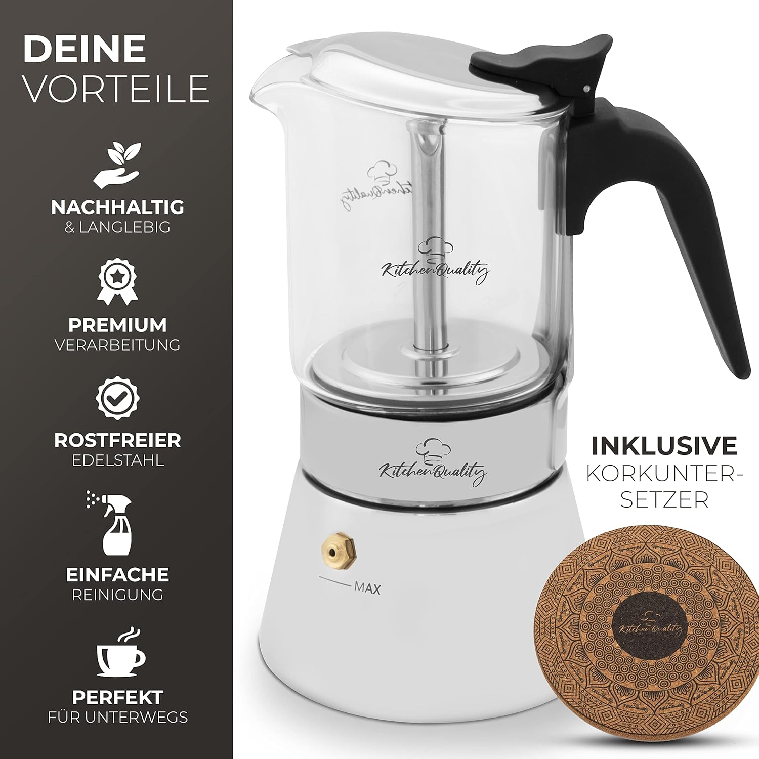 Kitchenquality Espresso Maker - Glass + Stainless Steel - 240 Ml - for 4 Cups - 18.5 X 14 Cm - for Ceramic Hobs, Gas, Electric + Induction Cookers - with Portion Spoon + 3 Cork Coasters image number 2