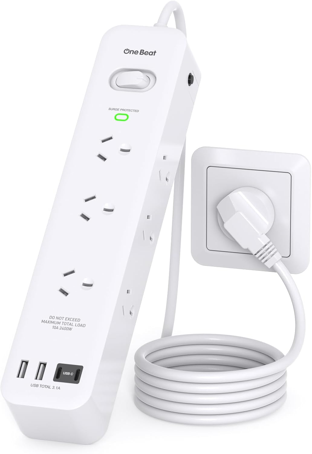 One Beat Surge Protected Power Board with 9 AC Outlets & 4 USB Ports (2&times;USB-C), USB Power Board with 1.8M Extension Cord, 900J Surge Protector,Wall Mount for Office, Dorm, Home Essentials image number 4