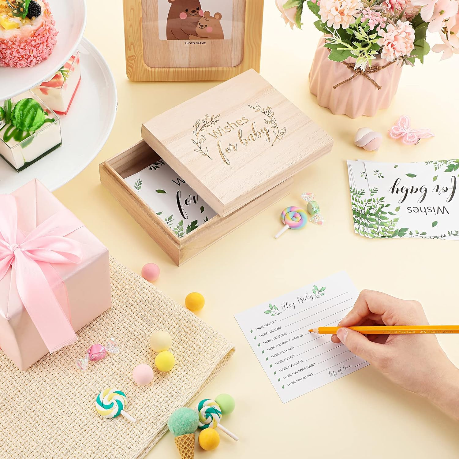 50 Pcs Botanical Baby Shower Advice Cards with Wooden Keepsake Box, Greenery Wishes Card for Baby Shower Double Sided Advice and Wishes Cards for New Parents Boys Girls Showers Gender Reveal Decor