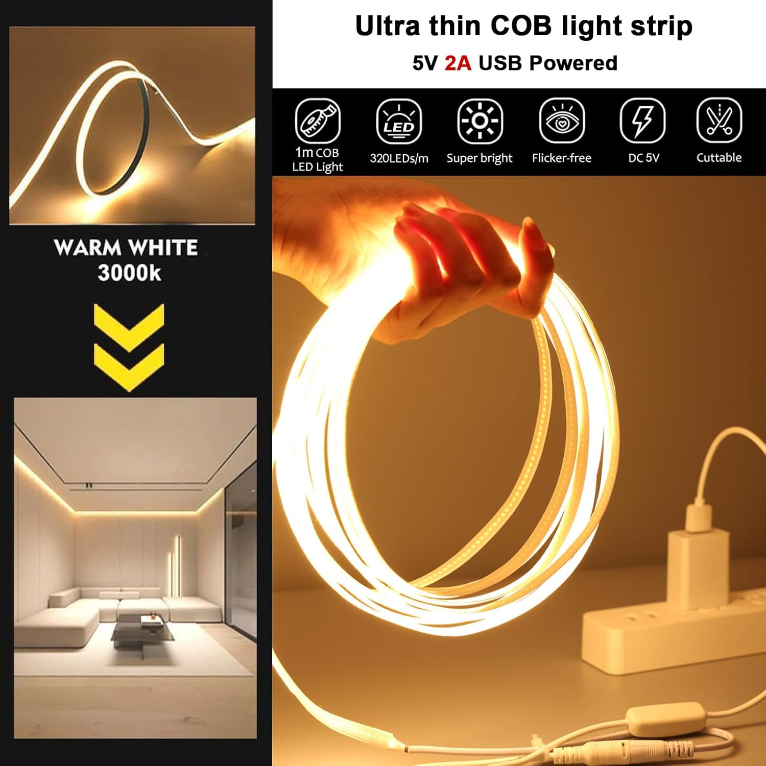 5V USB LED Lighting COB Short LED Strip Light White Flexible under Cabinet Tape Light for Bedroom,Kitchen,Home DIY Lighting