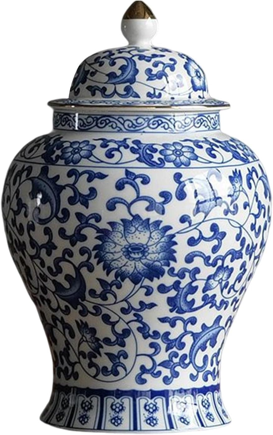 Folpus Ceramic Ginger Jar Flower Vase Traditional Centerpiece Blue and White Table Decoration Tea Storage Porcelain Jar for Wedding Cafe Decoration image number 4