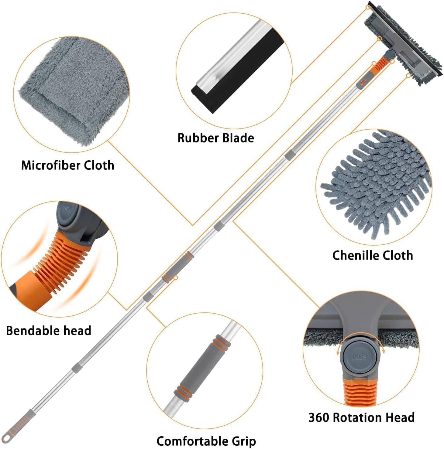 LIODUX Squeegee Window Cleaner 2 in 1 Rotatable Window Cleaning Tool Kit with Extension Pole, Window Washing Equipment with Bendable Head for Indoor/Outdoor Window and Car Glass image number 5