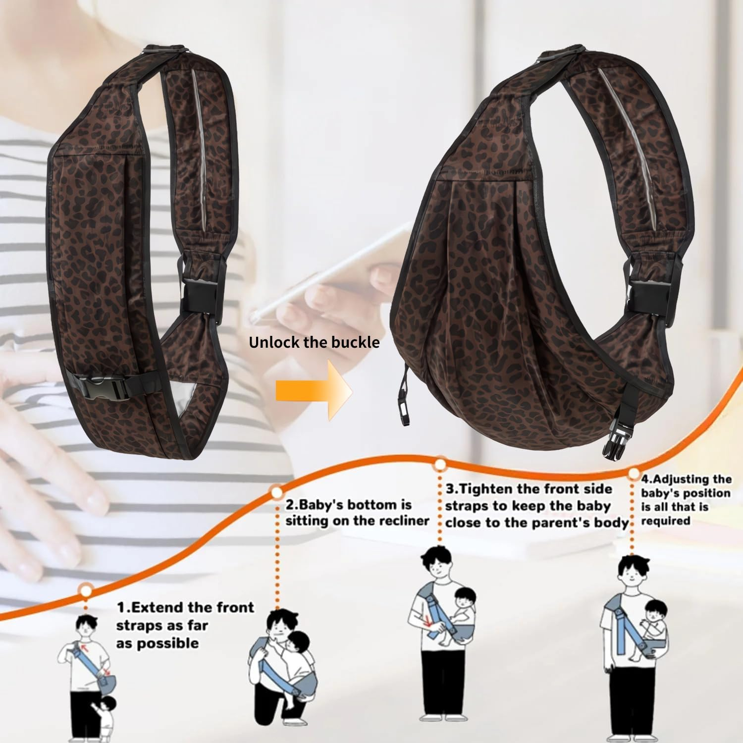 HJB VISSO Baby Carrier Toddler Sling, Adjustable Baby Sling Upgraded Comfortable Baby Wrap Carriers Ergonomic-Designed, Portable and Lightweight Travel Friendly Carrier 3~16KG (Leopard) image number 3