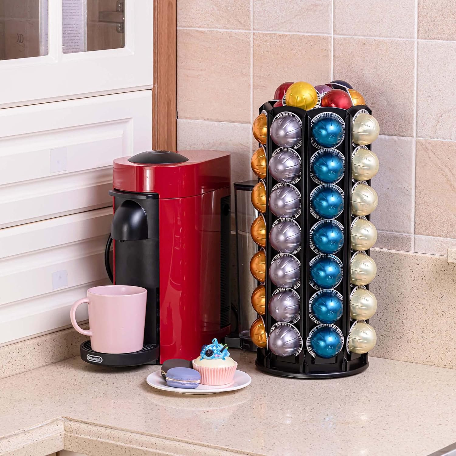 Flagship Vertuo Pod Holder Carousel Stand for Nespresso Vertuo Capsule Storage Organizer with Extra Space for Coffee Mate Silent Rolling (Vertuo 80+ Pod Storage)