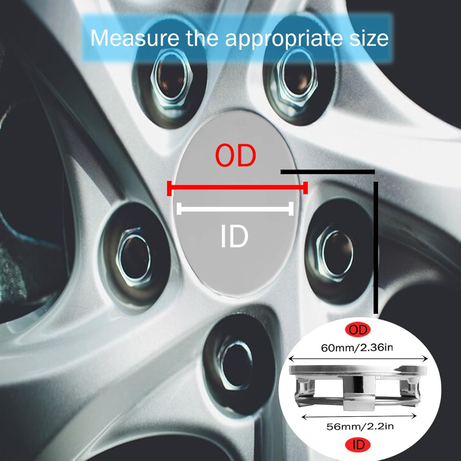 Wheel Hub Caps Pack of 4 Universal Hub Caps OD 60 Mm ID 56 Mm High-Quality ABS Wheel Hub Cover Polished Surface for Wheel Hubs Car Accessories (Silver) - B image number 6