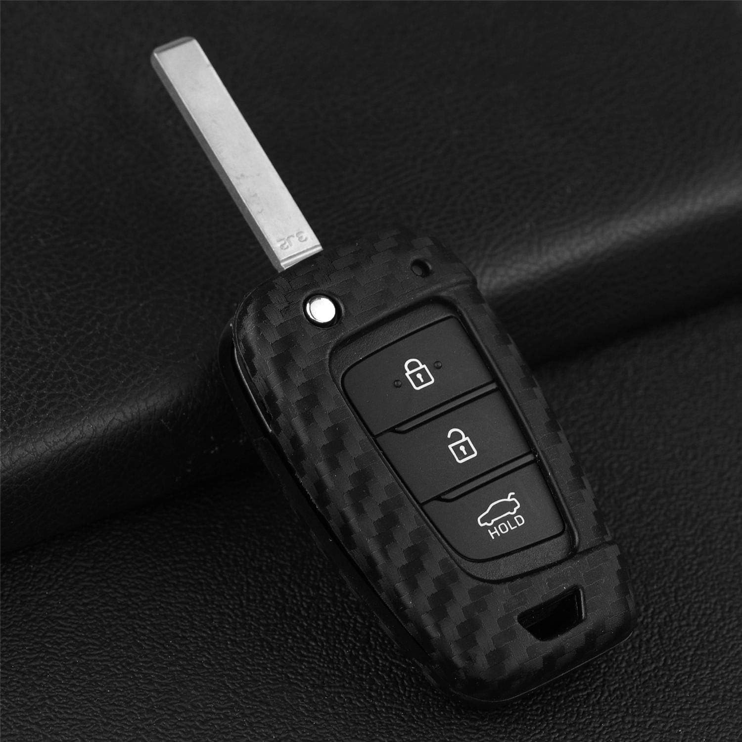 M.Jvisun Soft Silicone TPU Car Key Fob Cover for Hyundai Accent Elantra I30 I35 I40 Kona Santa Fe Solaris Tucson Veloster Auto Remote Key Protection Case - Carbon Fiber Pattern - round Keychain image number 6