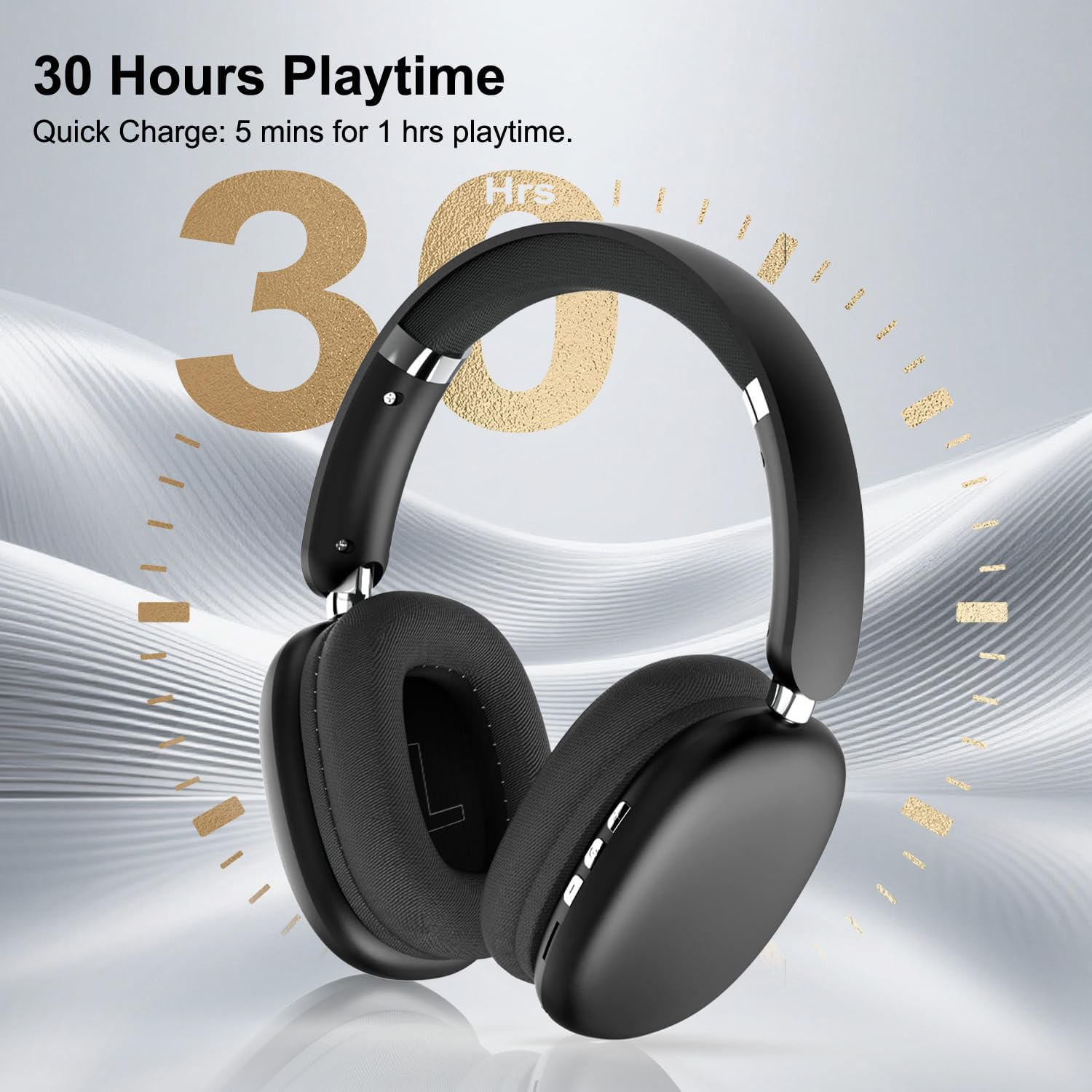 SUNJOM Wireless Bluetooth over Ear Headphones, Hi-Fi Stereo, 30H Playtime, Hands-Free with Mic, Voice Assistant, FM Radio for Sports, Travel, Work (Black) image number 3