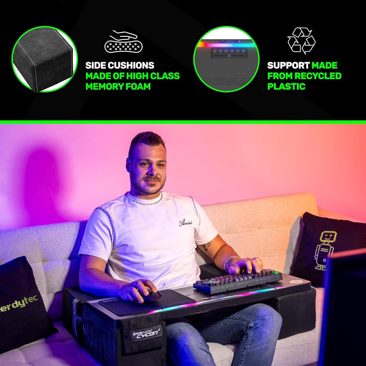 Couchmaster CYCON&sup3; HORIZONLIGHT Bar, Ultimate Ergonomic Usb-Hub Gaming Lap Desk for Couch and Bed, Large, Stable and Compatible with All Keyboards and Mouse/Mice, Lapdesk for Laptop, PC, PS4/5, Xbox - Grey image number 2