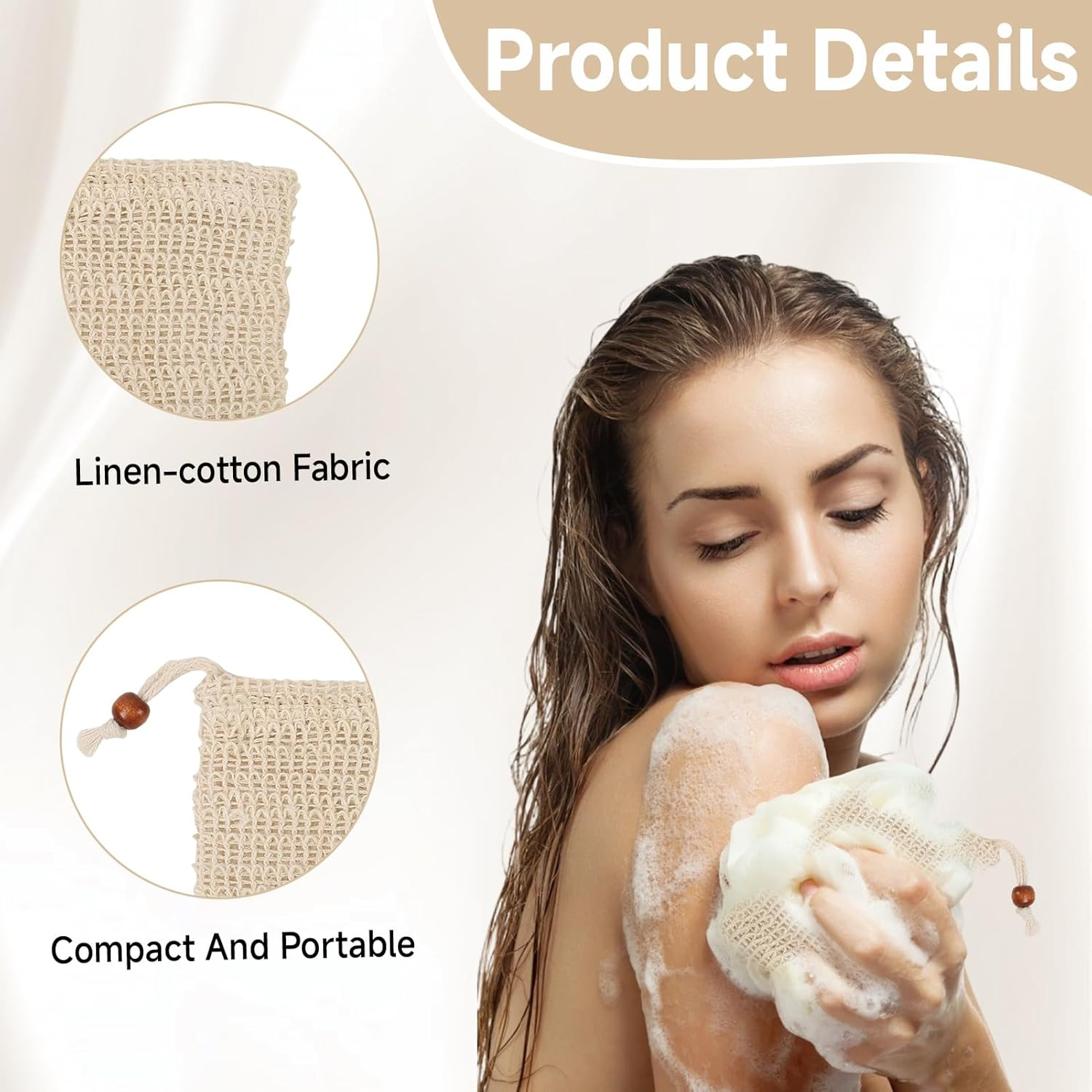 10 Pcs Soap Bag, Natural Ramie Soap Saver Bags, Handmade with Brown Bead Drawstring Exfoliating Foaming Pouch Mesh Holder Quick Drying Pouch for Shower Bath Travel & Daily Use Plastic-Free image number 3