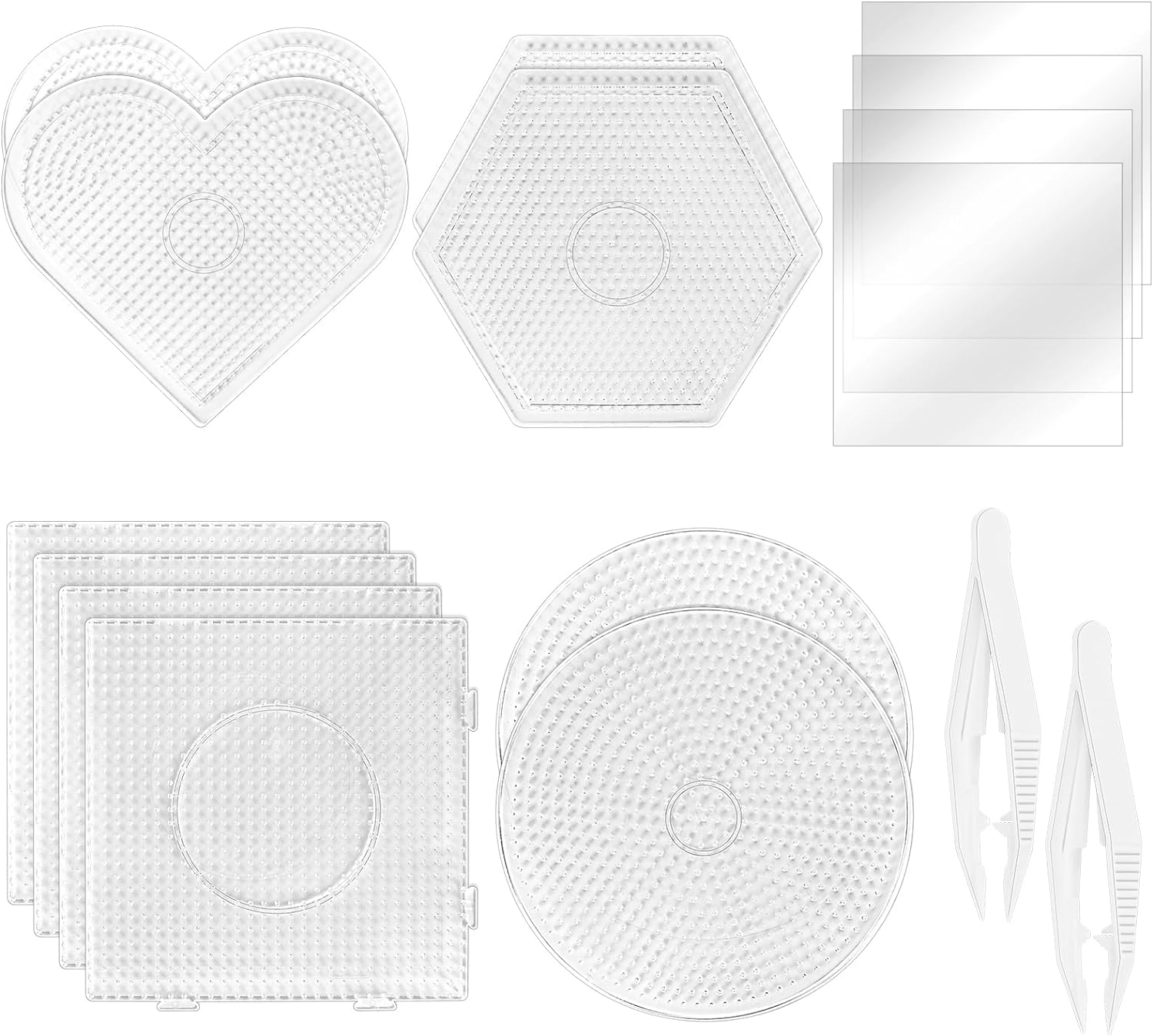 BILLIOTEAM 10PCS (4 Shapes) Fuse Beads Pegboards Boards with 2Pieces Tweezers and 6Pieces Lroning Paper,5Mm Clear Plastic Pegboards Set Kit for Kids Craft Supplies Beads image number 1