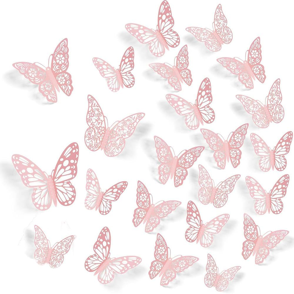 3D Pink Butterfly Wall Decor Stickers for Birthday Party Cake Decorations, Removable image number 3