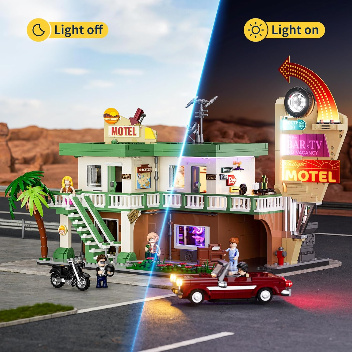FUNWHOLE City Car-Motel Lighting Building Block Set - Retro Road Trip Car and Motorcycle Model, 1970 Pieces for Adults and Teens image number 1