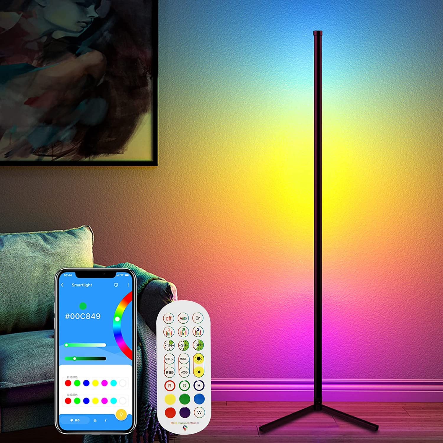 Corner Floor Lamp, RGB Color Changing Mood Lighting, Dimmable LED Modern Floor Lamp with with Remote/Music Sync and DIY Colors, Color Changing Ambiance Lamp for Living Room Bedroom Gaming Room image number 1