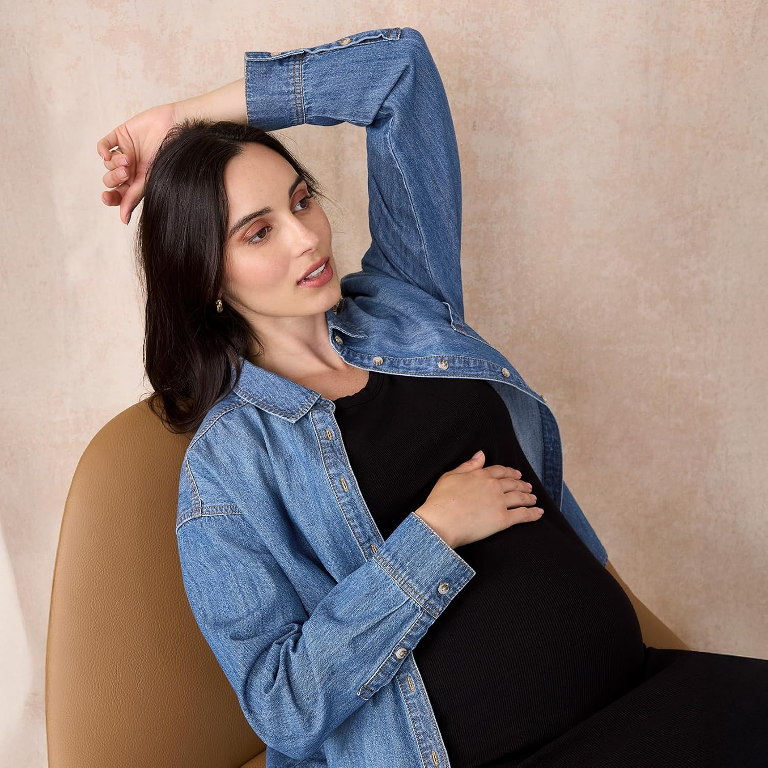 Motherhood Maternity Women'S Denim Shacket Long Sleeve Button down Pregnancy Shirt