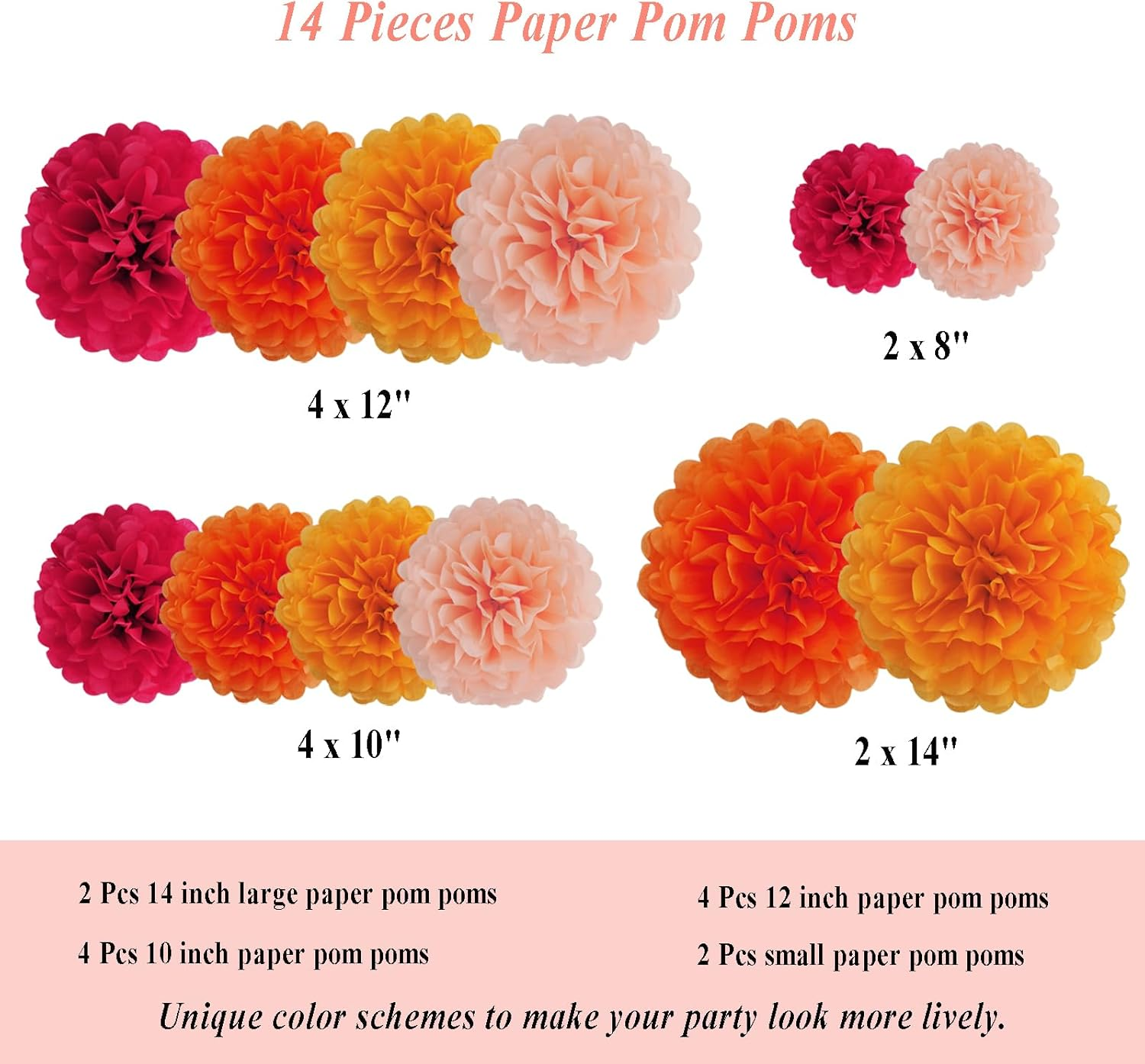 Envibe Orange Party Decorations - Tissue Paper Pom Poms for Bridal, Baby, Wedding Showers & Birthday Parties - 34 Pcs Fall Wedding Decor image number 2