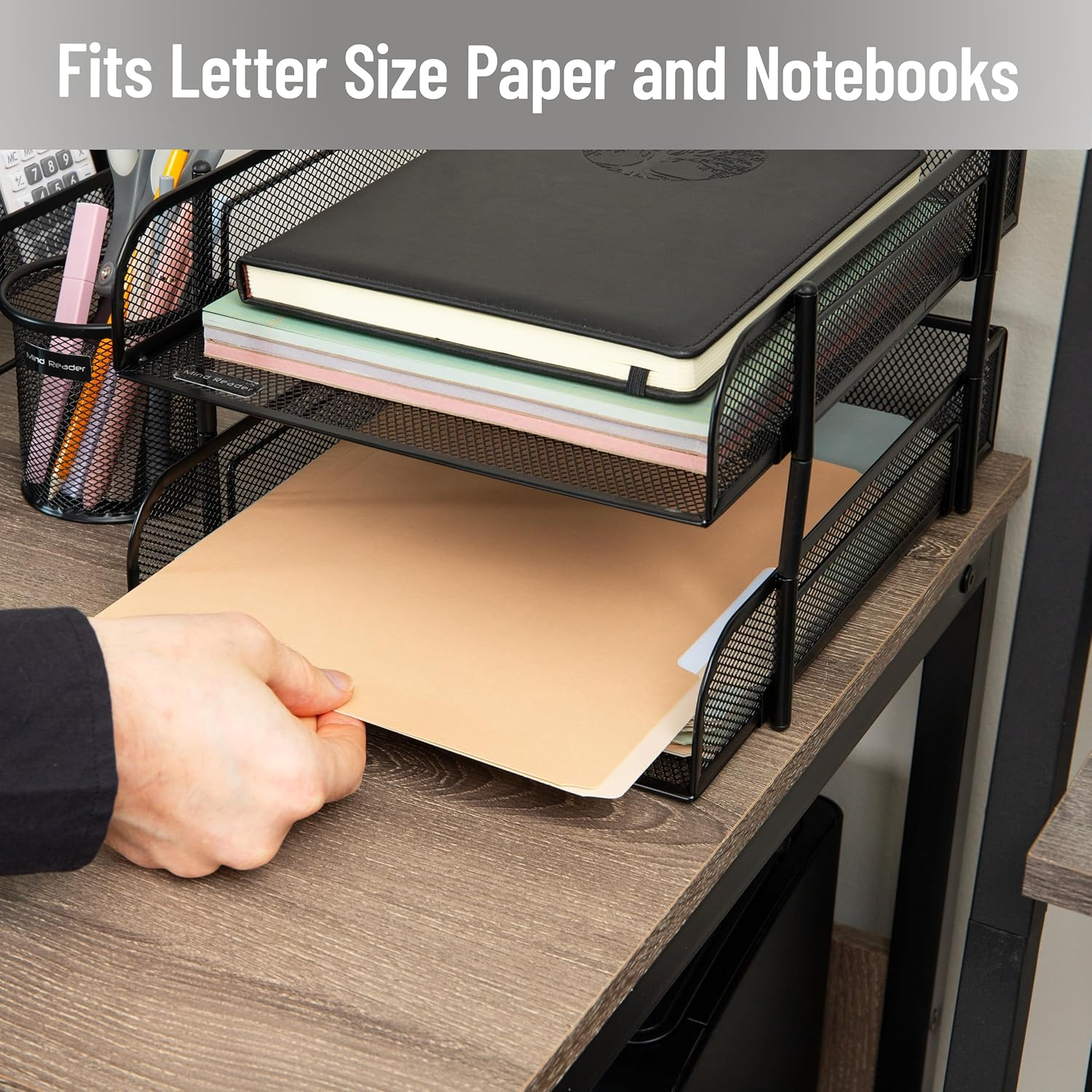 Mind Reader Stackable Paper Tray, Desktop Organizer, File Storage, Office, Metal Mesh, 10.5" L X 13.25" W X 7.5" H, 2 Pcs, Black image number 6