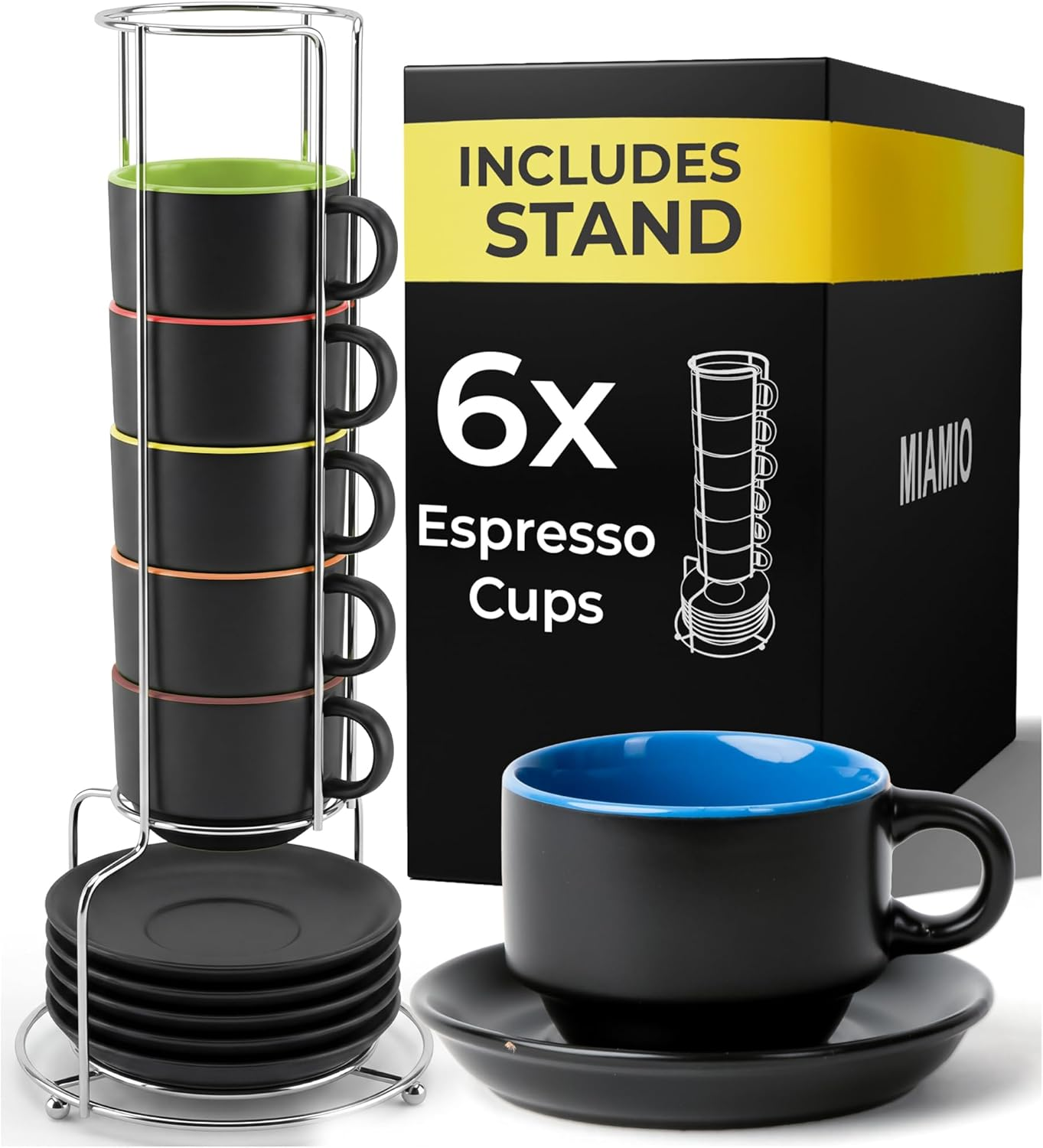 MIAMIO - 75 Ml Espresso Cup Set with Saucers Coffee Mug Set of 6 - Ceramic Coffee Mug Stackable Espresso Mug with Stand for Coffee Drinks, Latte, Cafe Mocha - Le Papillon Collection (Colorful)
