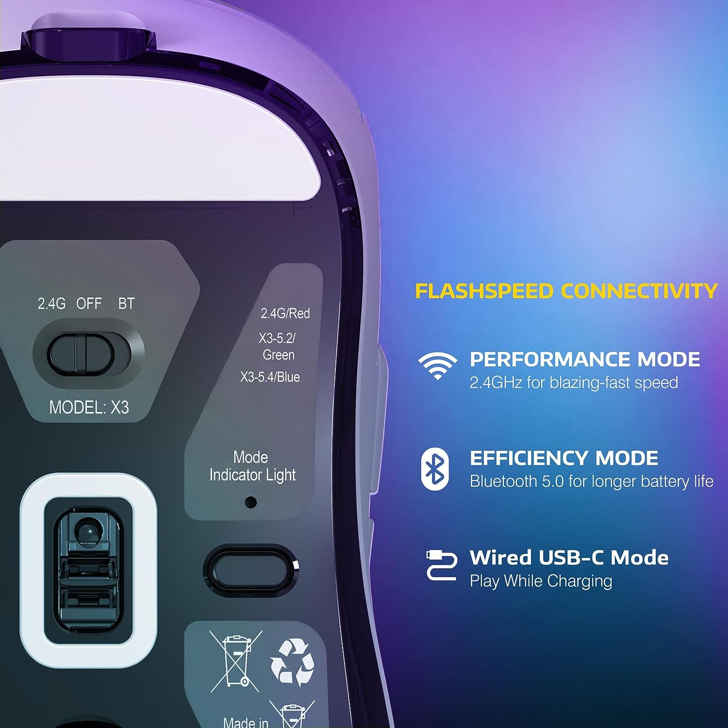 MANBASNAKE Wireless Gaming Mouse, 49G Ergonomic Computer Mouse, Triple Modes PAW3395 26K DPI Optical Sensor, 200H Battery Life, Programmable Buttons, Gaming Accessories for Pc/Laptop/Mac - Orangegriptape image number 7