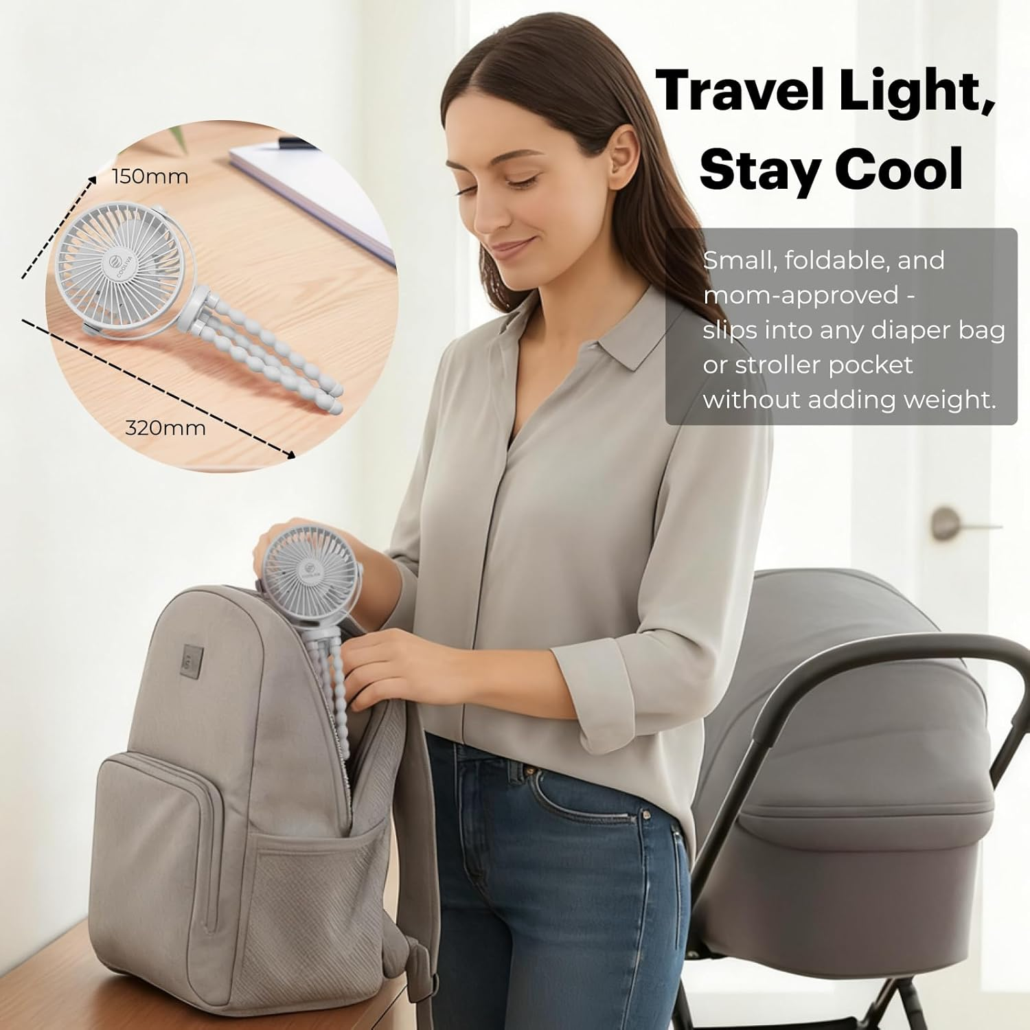 Portable Stroller Fan &ndash; 5000Mah USB-C Rechargeable, 15H Long Battery, Quiet&Baby-Safe Flexible Tripod, 360&deg; Adjustable Cooling for Pram, Nursery, Car Seat & Outdoor Travel (Cool Grey) image number 2