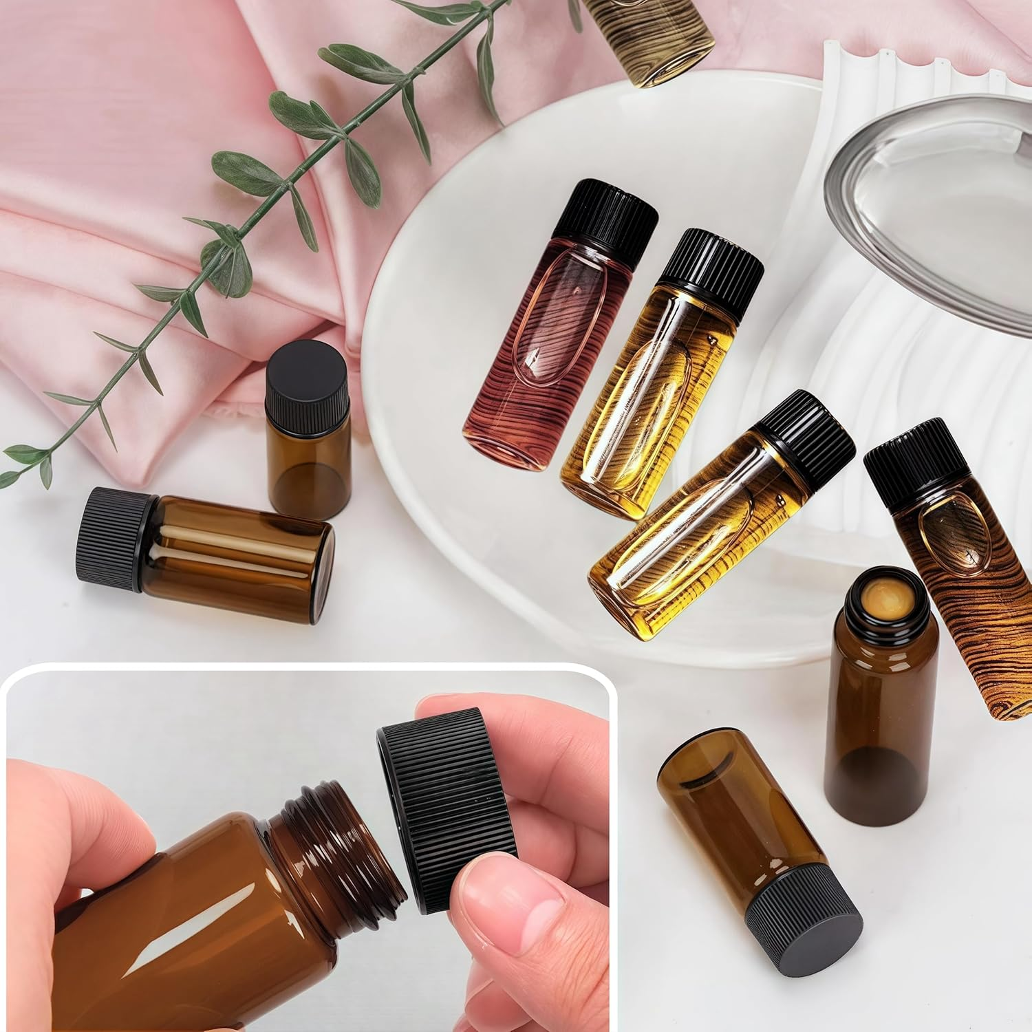 20Ml Amber Glass Vials,12 Pcs Screw Cap Beads Bottles,Bottle Test Tubes,Sample Vials,Containers Flat Test Tubes Solid Bottle, Refillable Empty,For Essential Oils, Perfume, Leak Proof Travel(Brown) image number 2