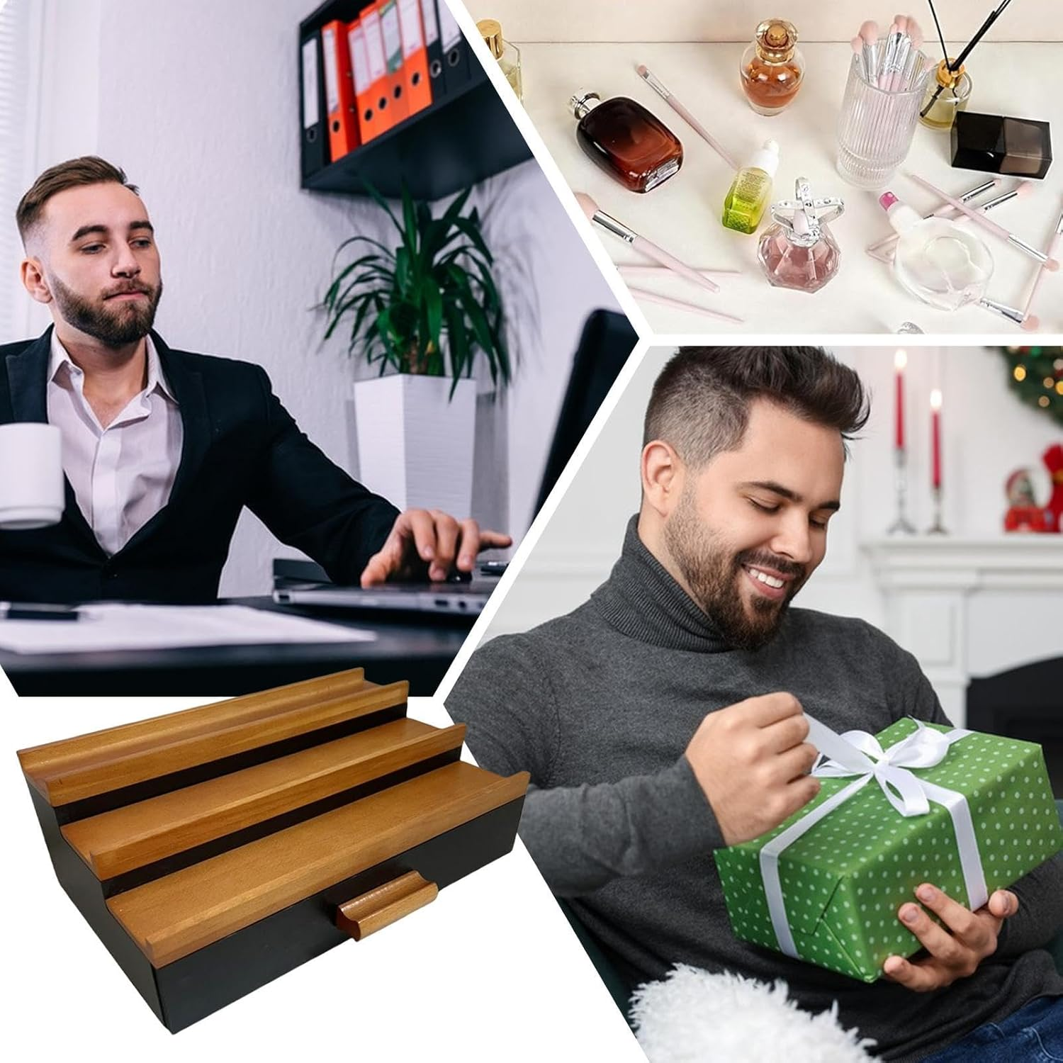 Perfume Display Stand - 3 Tier Wood Perfume Display Stand Shelf with Drawer | Large Capacity, Bathroom Decor for Men, Father, Dad, Boyfriend image number 2