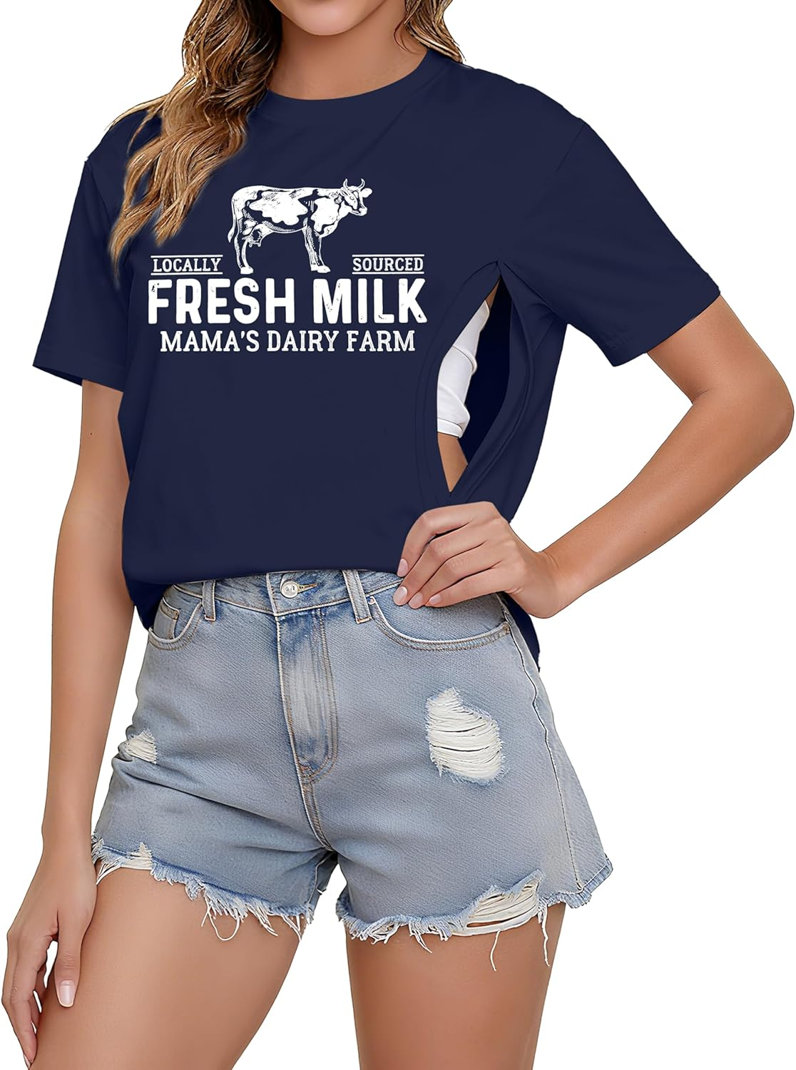 Breastfeeding Shirts for Women Zip Nursing Shirt Mama Nursing Graphic Top Causal Distressed Maternity Shirt Tops image number 6